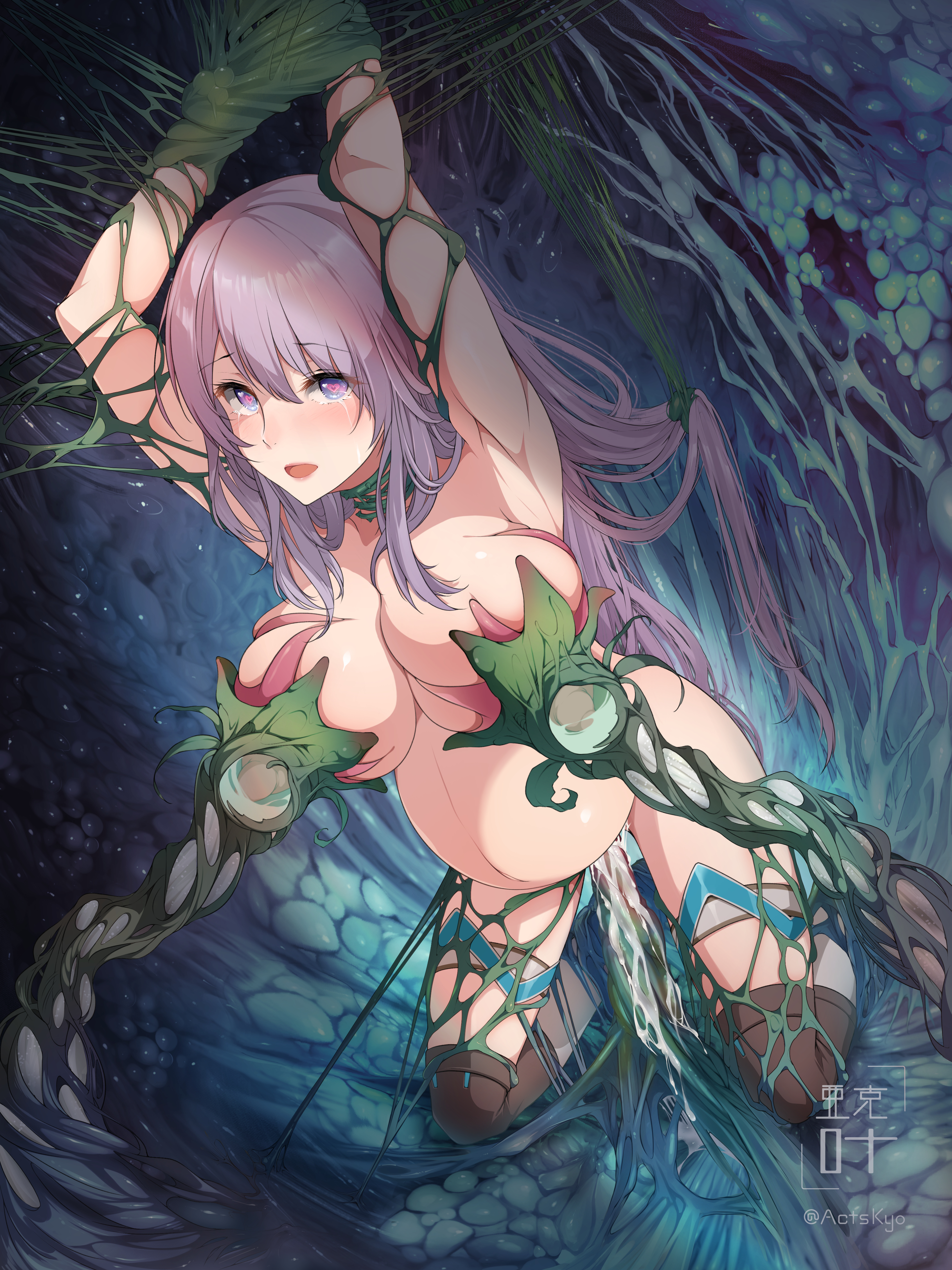 actskyo, ass, big ass, big belly, big breasts, big butt, big thighs, breasts, breed, breeding, female, female focus, female only, happy, happy face, happy female, heart, heart eyes, heart-shaped pupils, milking breasts, milking tentacles, purple eyes, purple hair, pussy, tentacle, tentacle breast grab, tentacle cave, tentacle in pussy, tentacle penetration, tentacle sex, uncensored, white female