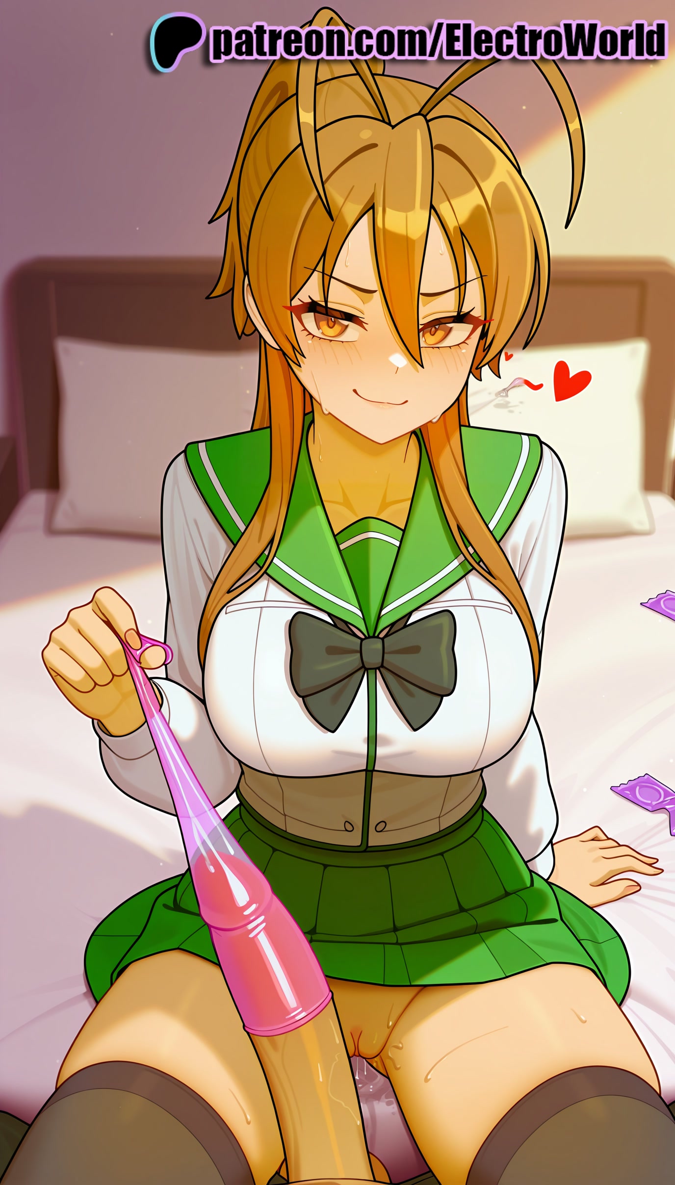 1boy, 1girls, 2025, ai generated, artist name, bed, black legwear, blush, breasts, bust, chest, clothed sex, condom, condom on penis, condom packet strip, condom wrapper, cum, electroworld, female, green skirt, heart, hi res, high quality, high resolution, highres, highschool of the dead, holding condom, holding panties, holding underwear, long hair, male, no panties, on bed, patreon, patreon username, penis, rei miyamoto, school uniform, serafuku, sitting, skirt, smile, stable diffusion, straight, sweat, thighhighs, underwear, used condom, watermark