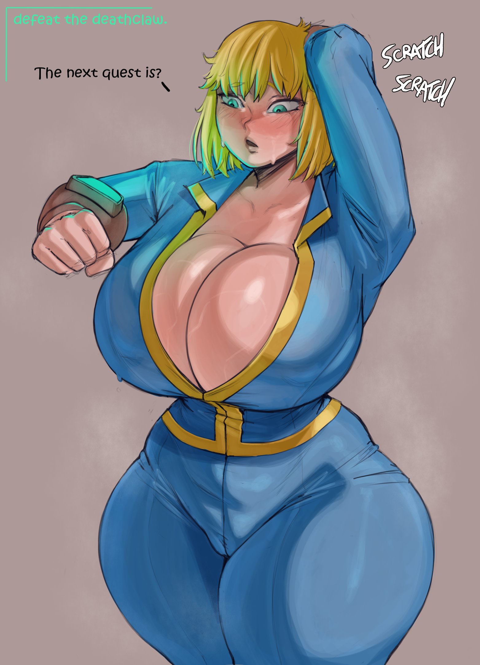 1girls, blonde hair, breasts, clothing, curvy, electronics, fallout, female, huge breasts, human, moisty boo, tagme, vault dweller, vault girl, vault suit
