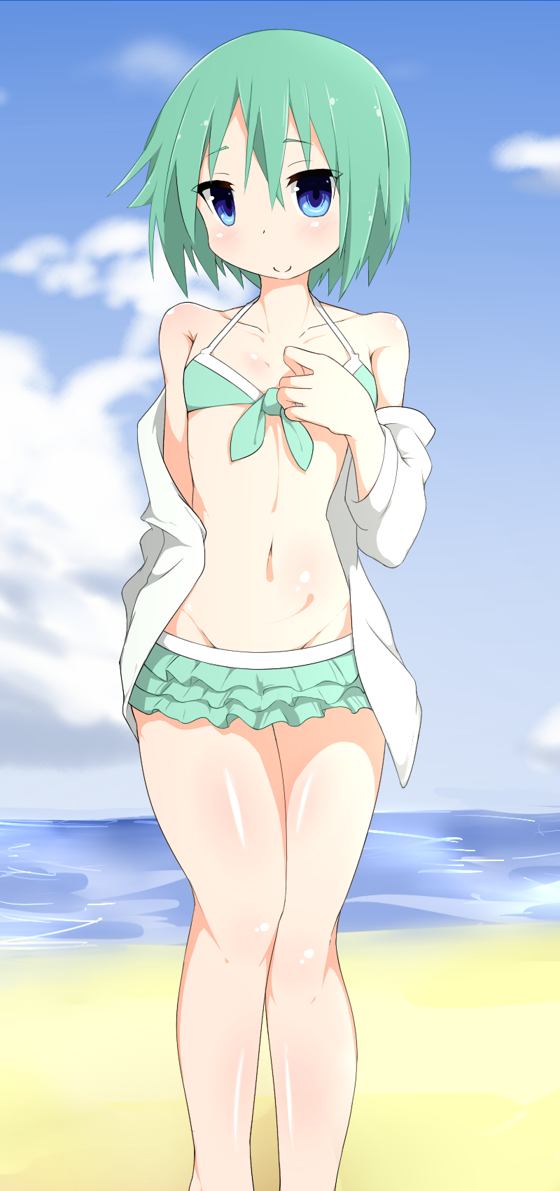 1girls beach female lucky_star minami_iwasaki smiling_at_viewer solo swimsuit