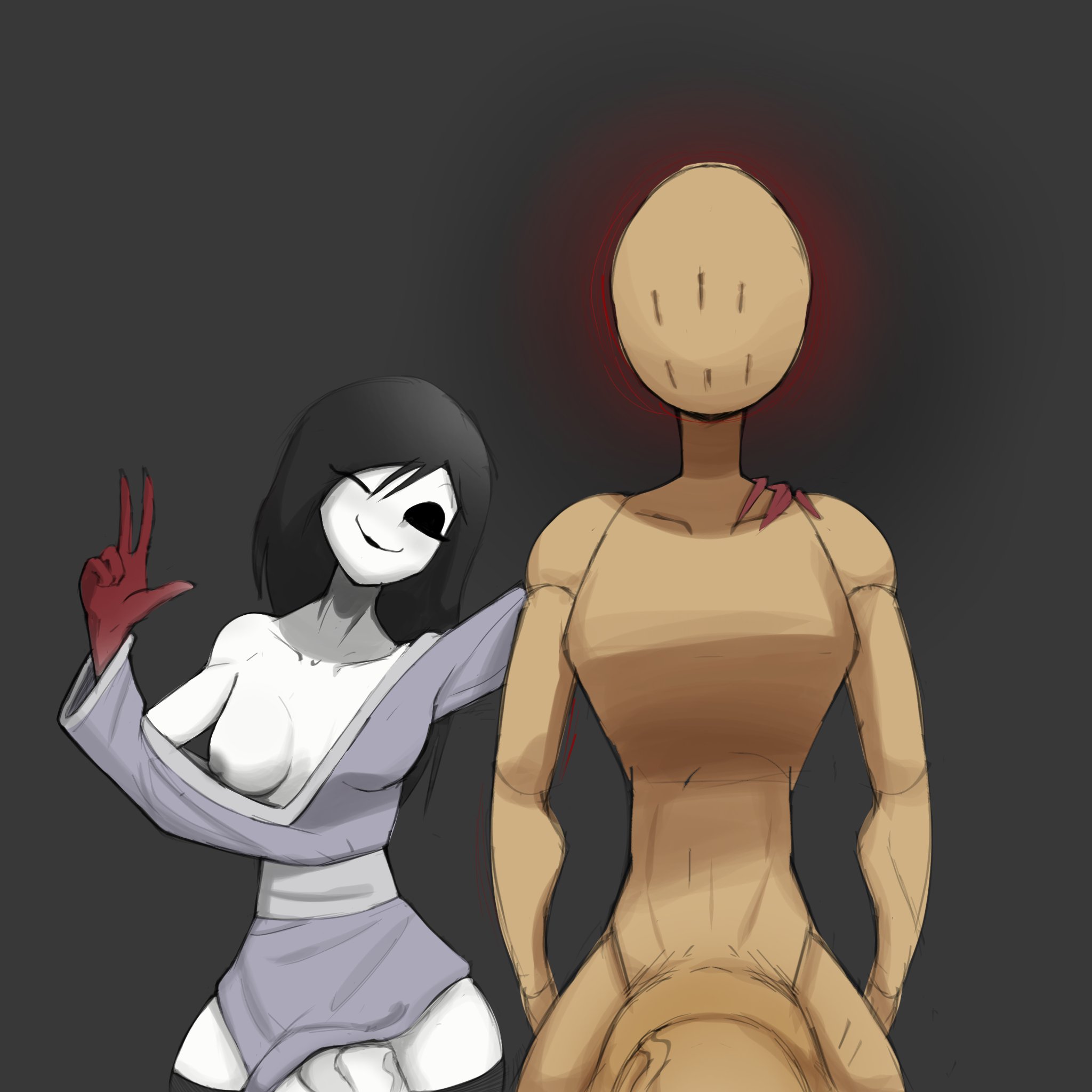 2futas, 2girls, bab (shojs), black eyes, black hair, black lipstick, blood on hand, bloody, bloody hands, breasts, cock, faceless character, faceless female, faceless futa, female, futanari, ghost, ghost girl, hand on shoulder, intersex, kimono, mannequin, megamor, nipples, penis, ringu (shojs), smile, smiling, specimen 4, specimen 5, veiny cock, veiny penis, white skin