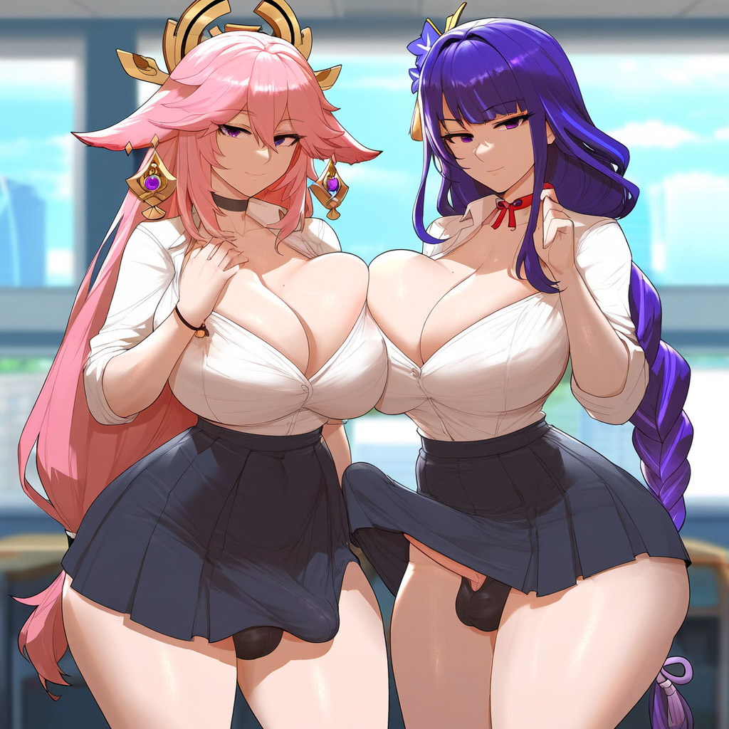 1girls 2girls ai_generated bangs black_skirt blush bracelet breasts choker cleavage earrings erection erection_under_clothes futanari genshin_impact hair_ornament hand_on_own_chest huge_breasts jewelry long_hair looking_at_viewer multiple_girls panties penis pink_hair pleated_skirt purple_eyes purple_hair racerai raiden_shogun school_uniform shirt skirt smile tagme testicles thighs very_long_hair white_shirt yae_miko