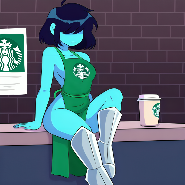 ai generated, apron, apron only, bangs, blue skin, blue skinned female, bob cut, breasts, brick wall, clothed, coffee, coffee cup, coffee shop, counter, curvy, dark blue hair, deltarune, employee, employee uniform, female, green apron, hair over eyes, indoors, kris (deltarune), kris female (deltarune), medium breasts, metal boots, neutral expression, nude apron, pixai, poster, shadow over eyes, shoulder length hair, sitting on counter, solo, starbucks, starbucks barista, starbucks uniform, thick thighs, undertale (series), uniform