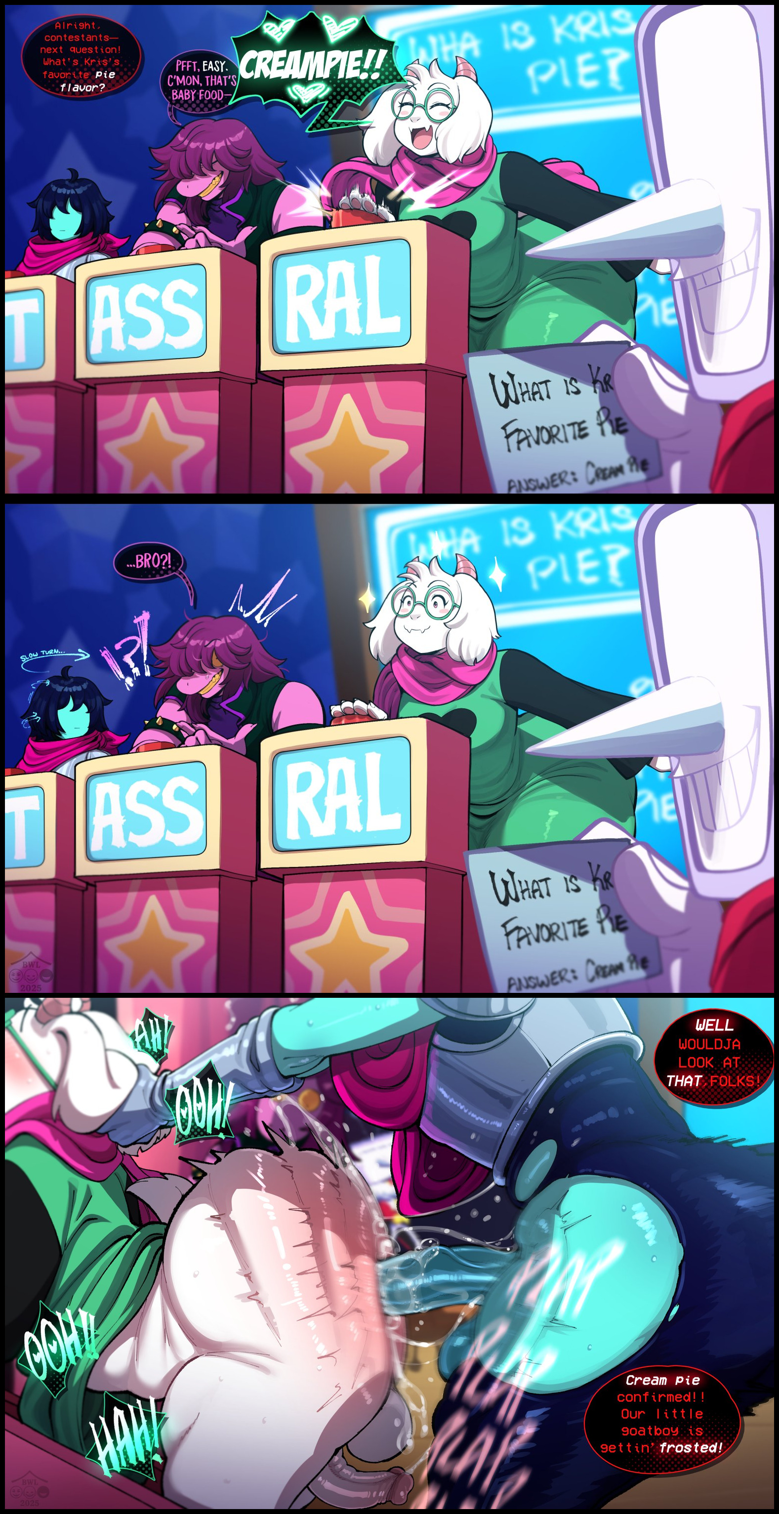1femboy, 2025, 2boys, 2d, 2d (artwork), alternate ass size, alternate body type, anal, anal sex, anthro, ass, big ass, big butt, blackwhiplash, bodily fluids, bovid, bovine, bwl, deltarune, deltarune chapter 3, dialogue, edit, edited, english, english dialogue, english text, femboy, femboy penetrated, fur, furry, gay, gay sex, glasses, goat, goat ears, grabbing ears, hi res, high resolution, highres, human, human on anthro, human penetrating, human penetrating anthro, imminent sex, kris (deltarune), male, male penetrating femboy, male penetrating male, onomatopoeia, penetration, penile penetration, penis, plap, plapping, ralsei, ralsei with white fur, scarf, susie (deltarune), tenna (deltarune), text, undertale, undertale (series), white body, white fur, yaoi