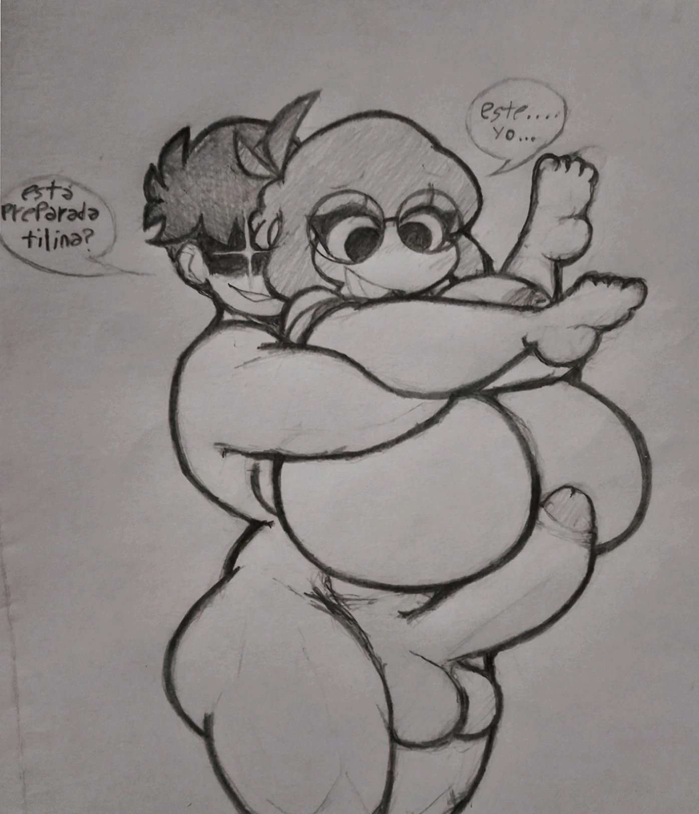 1futa, 2girls, ahoge, ass, balls, big ass, big butt, big cock, big penis, black and white, blush, boss (thelittlenerdys), breasts, canon couple, carrying, carrying another, carrying partner, dialogue, erection, eyelashes, female, futa on female, futanari, glasses, glowing eyes, grabbing, greyscale, huge ass, huge butt, huge cock, inminent sex, intersex, legs up, luna (thelittlenerdys), monochrome, muscular, muscular female, nerd, nerdy, nerdy female, nipples, nude, nude female, nude futa, pencil (artwork), penis, rand0m 293, reverse suspended congress, shadow over eyes, shadowed eyes, shadowed face, short hair, smile, spanish text, speech bubble, testicles, text, text bubble, tomboy, traditional media (artwork), twitter user sona, wife and wife