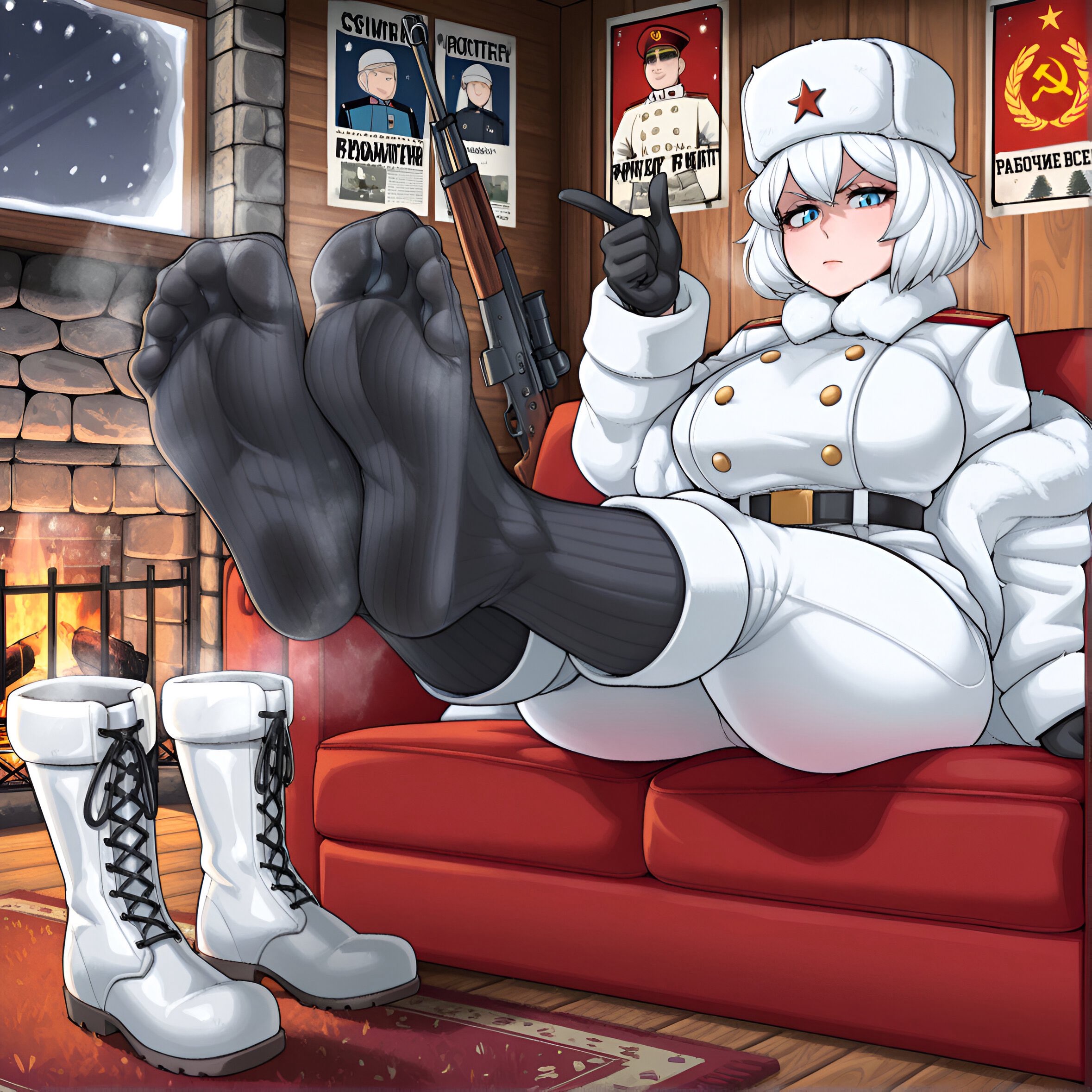 ai generated, artist request, big breasts, black socks, blue eyes, breasts, carai (artist), feet, feet up, female, foot fetish, foot focus, footwear, fur hat, fur-trimmed boots, fur-trimmed jacket, fur-trimmed legwear, gun, military, russian, short hair, sitting, smell, smelly, steam, steamy feet, steamy footwear, white boots, white clothing, white fur, white hair