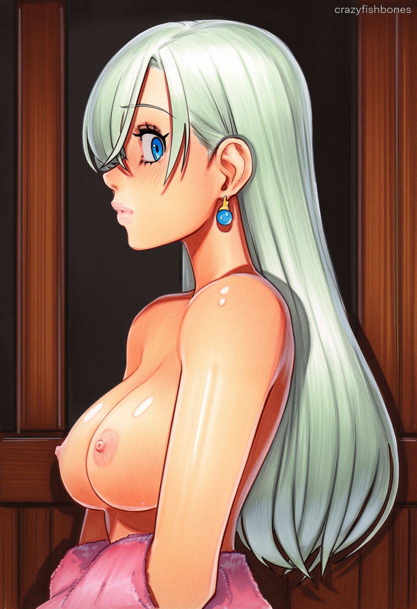 2025 ai_generated artist_name blue_eyes breasts crazyfishbones earrings elizabeth_liones female jewelry large_breasts long_hair looking_at_viewer nipples solo