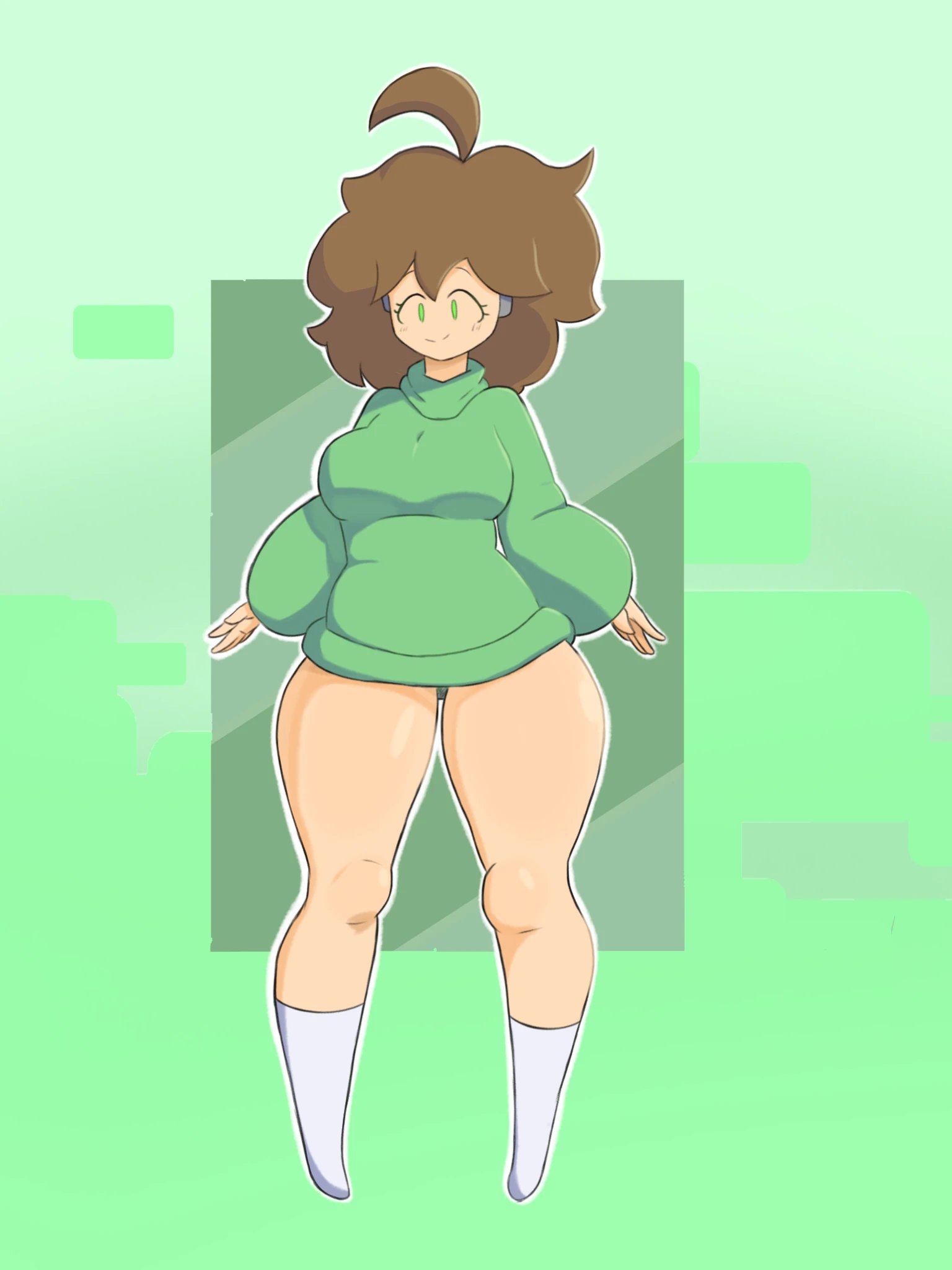 1girls, ahoge, android, android girl, big thighs, brown hair, coat, female, geby (megamor), green clothing, green eyes, huge thighs, megamor, no pants, oc, partially clothed, robot, robot girl, simple background, socks, stockings, thick thighs, turtleneck, twitter user oc, white skin