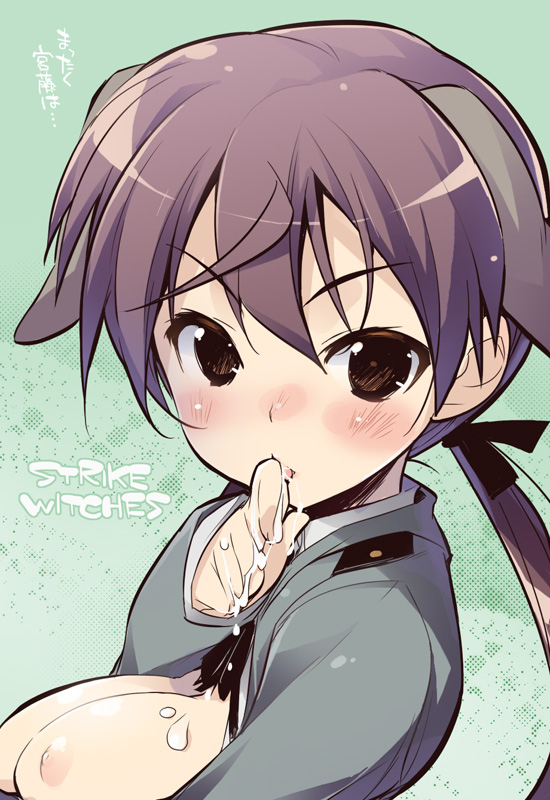 blush breasts brown_eyes brown_hair character_request clothing cum cum_on_body cum_on_breasts cum_on_upper_body gertrud_barkhorn kotamaru-mu large_breasts ponytail strike_witches tied_hair