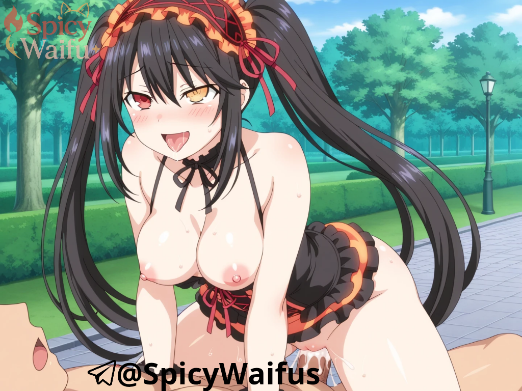 1girls ahe_gao ai_generated anime_style black_hair cum cum_in_pussy date_a_live female park ponytail red_eyes sex tokisaki_kurumi waifu watermark yellow_eyes