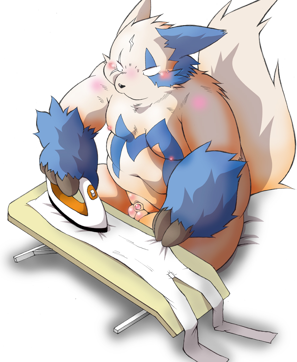 1boy anthro balls blush boss_(chibineco) chibineco chubby fundoshi iron male male_only nipples penis pokemon pokemon_(species) sitting solo underwear zangoose