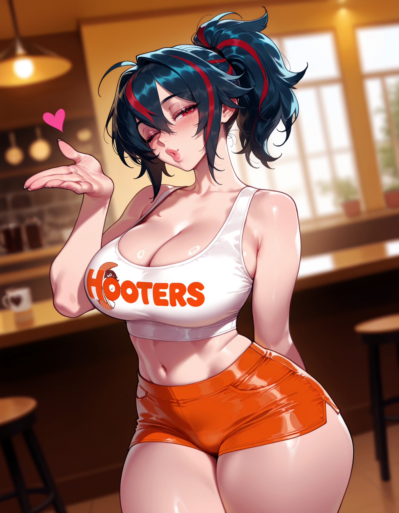 1girls, ai generated, arm behind back, balecxi, bangs, bar (place), bar stool, bare shoulders, black hair, blowing kiss, blurry background, blush, brand name imitation, breasts, cafe, cleavage, clothes writing, clothing, collarbone, counter, crop top, curvaceous, curvaceous female, curvaceous figure, curvy, curvy figure, employee uniform, female, female focus, female only, hair between eyes, hooters, hoyoverse, indoors, inviting, inviting to sex, large breasts, lips, looking at viewer, midriff, mihoyo, mole, multicolored hair, navel, no legwear, o3o, one eye closed, orange shorts, parted lips, ponytail, presenting, presenting ass, presenting breasts, presenting hindquarters, presenting self, puckered lips, red eyes, red hair, restaurant, seductive, seductive look, seductive smile, shirt, short shorts, shorts, solo, stool, streaked hair, table, tank top, thick thighs, thighs, two-tone hair, uniform, voluptuous, voluptuous female, waitress, white tank top, zenless zone zero, zhu yuan