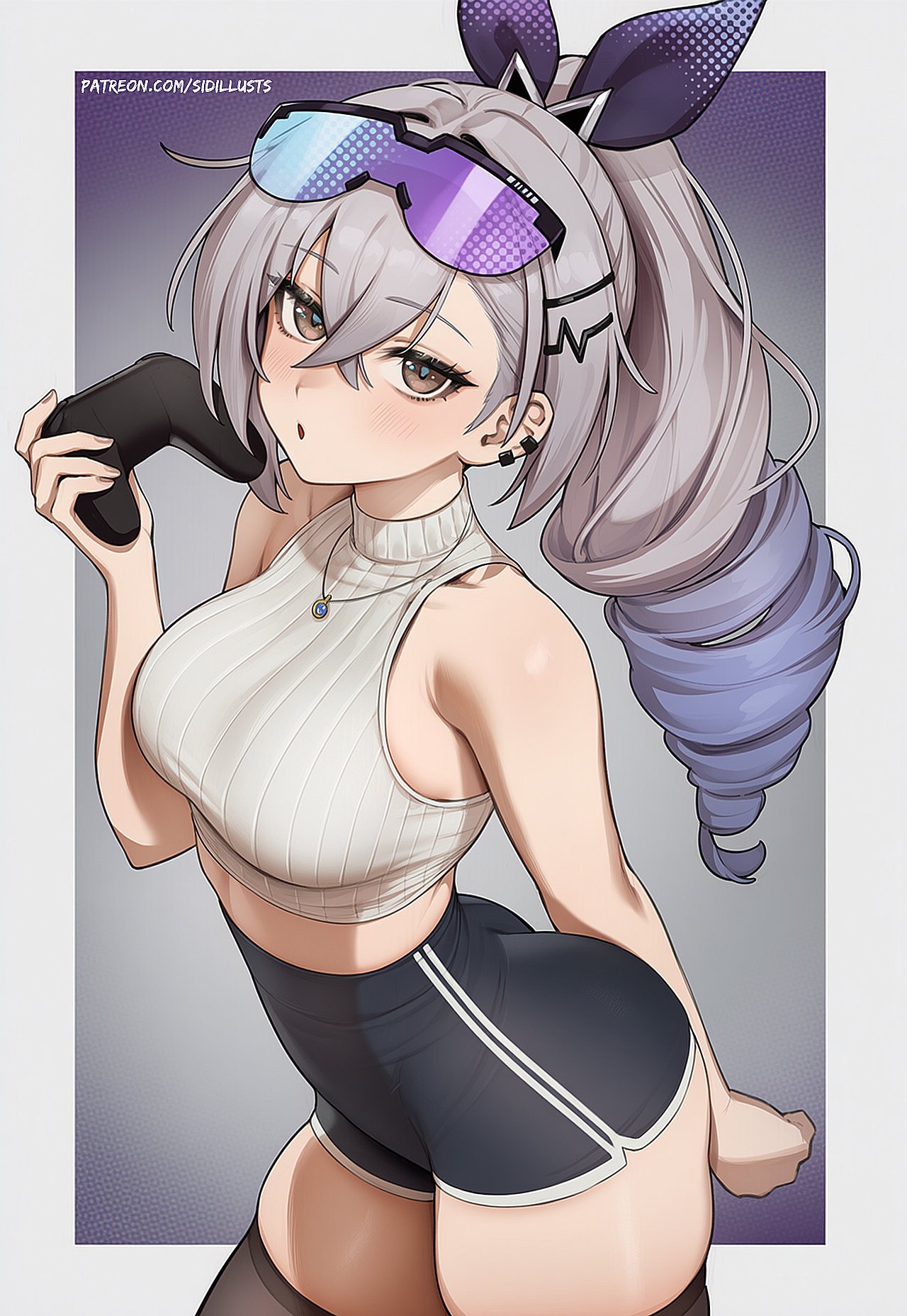 1girls, ai generated, ass, bare shoulders, belly button, big ass, big butt, blush, breasts, collarbone, controller, crop top, curvy, female, hi res, highres, hips, honkai (series), honkai: star rail, long hair, looking at viewer, medium breasts, midriff, navel, shirt, sidillusts, silver eyes, silver hair, silver wolf (honkai: star rail), slender waist, slim waist, solo, stomach, sunglasses on head, thick thighs, thighhighs, thighs, thin waist, wide hips