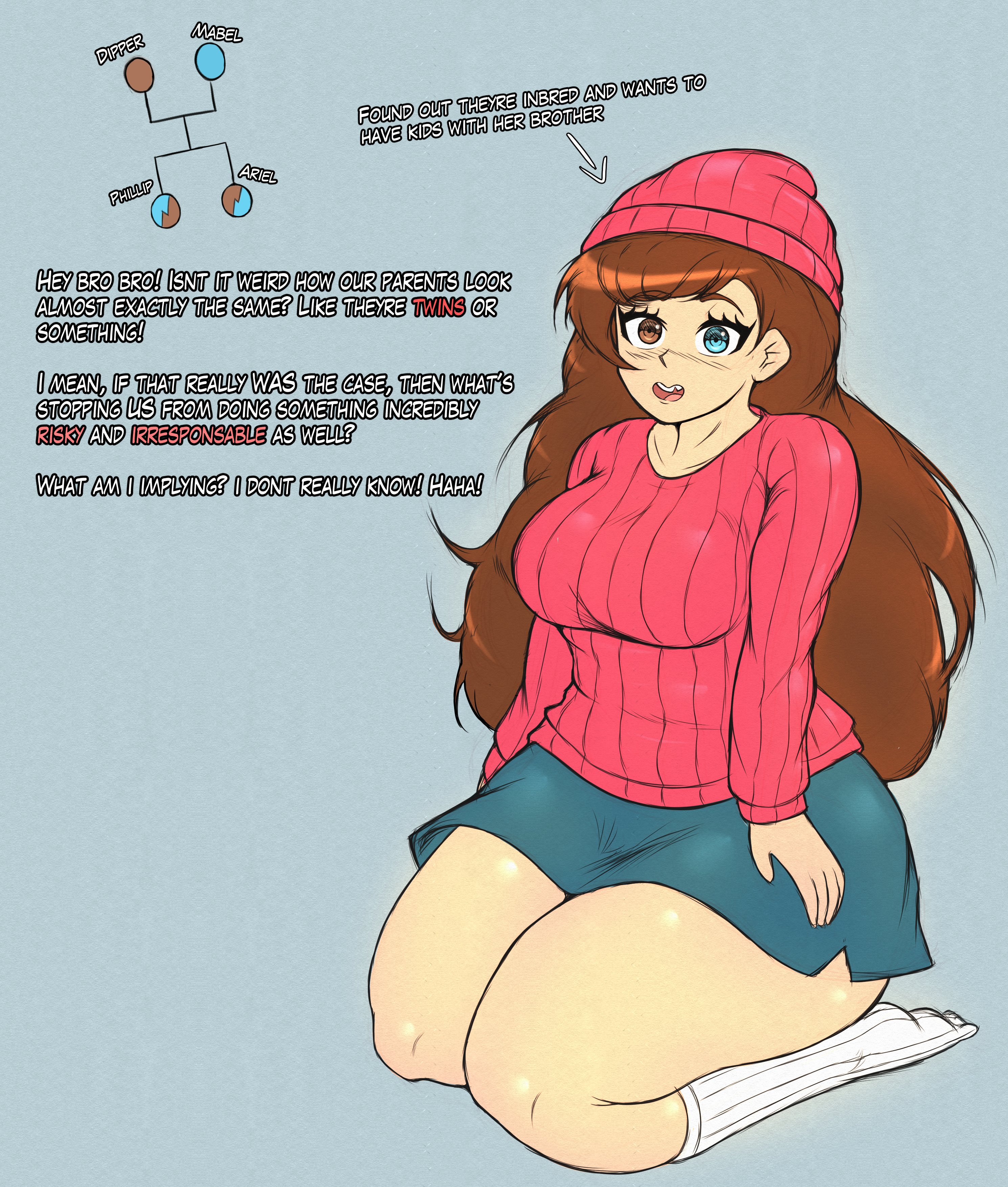 1girls, ariel pines, blue skirt, blush, brother, brother and sister, brown hair, clothing, dipper pines, family tree, female, gravity falls, heterochromia, human, inbred, inbred child, incest, incestuous fantasy, legs together, long hair, mabel pines, open mouth, original character, pale skin, shirt, sister, skirt, smile, text, tree, twincest, twins, villainsaibot