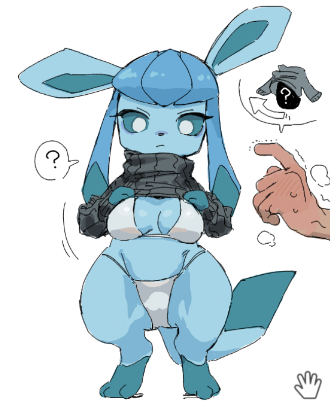 1girls ? ambiguous_gender blue_body blue_sclera blush_lines bra breasts disembodied_hand eeveelution furry generation_4_pokemon glaceon haramikarubi medium_breasts panties paws pokémon_(species) pokemon pokemon_(species) pokemon_dppt presenting_breasts shaking_hand simple_background sweat sweater white_eyes