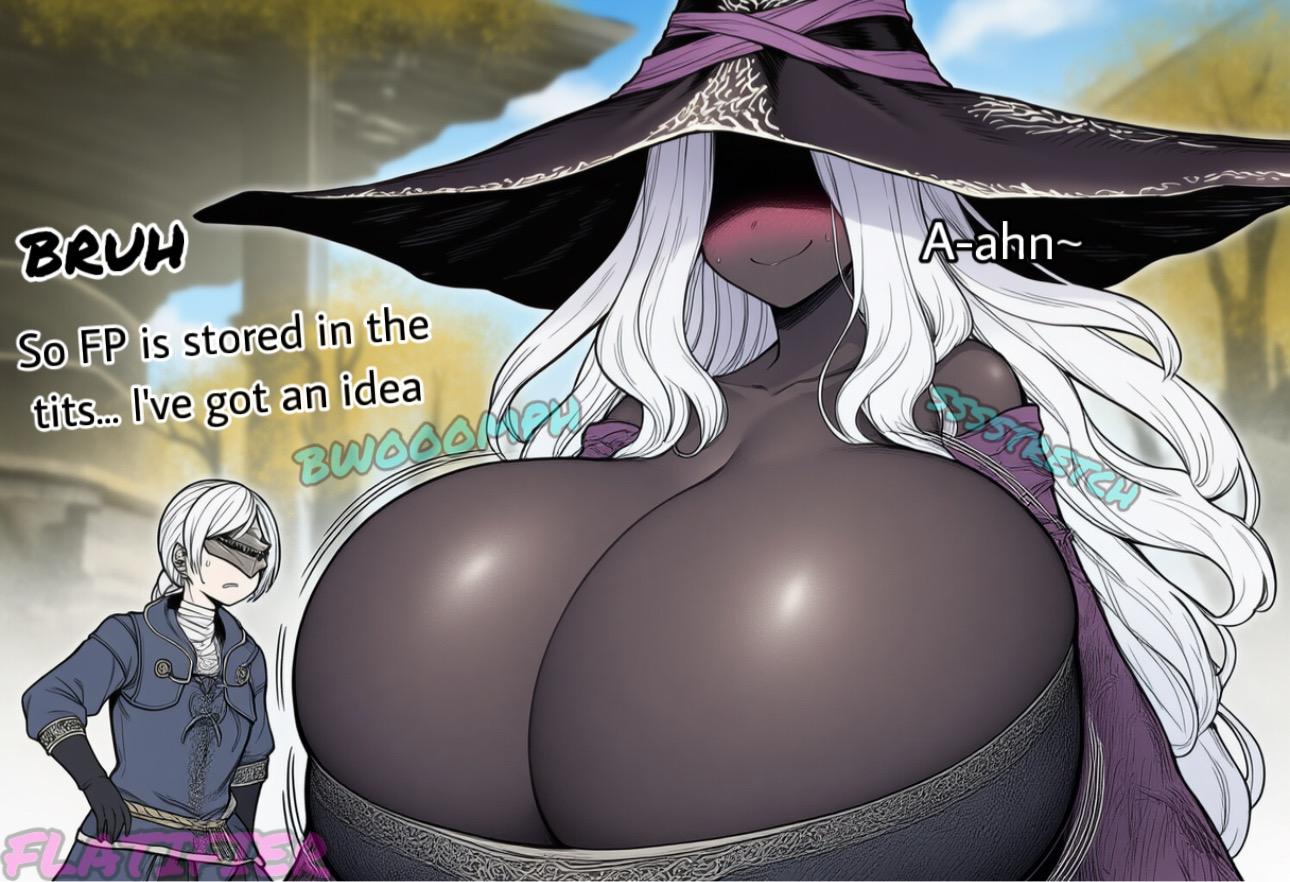 ai generated, before and after, blush, breast expansion, breast growth, breast growth (enlargement), breasts, breasts bigger than head, breasts bigger than torso, bursting breasts, cleavage, deep cleavage, dress, duchess (nightreign), elden ring, elden ring nightreign, expansion, female, flatifier, fromsoftware, gigantic breasts, growth, growth drive, huge breasts, hyper, hyper breasts, hyper genitalia, massive breasts, recluse (nightreign), skindentation, wardrobe malfunction, witch, witch hat