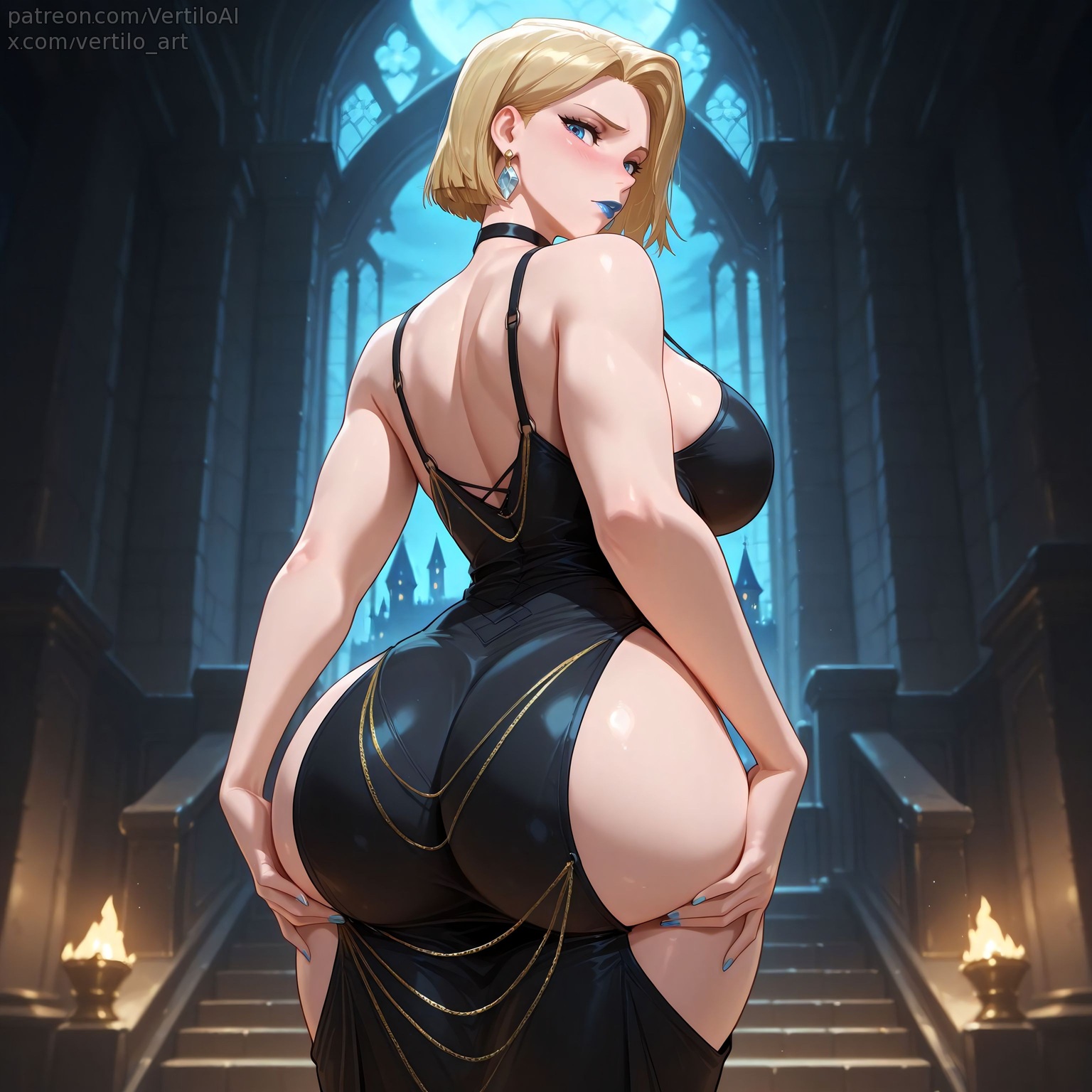 1girls, ai generated, ass, ass bigger than head, ass support, back, backless dress, bare shoulders, bare thighs, behind view, big ass, big breasts, black choker, black dress, blonde eyebrows, blonde female, blonde hair, blue eyes, blue lipstick, blush, bob cut, breasts, choker, closed mouth, detailed background, dress, earrings, emma frost, emma frost (marvel rivals), eyebrows, eyelashes, female, female only, hair behind ear, hands, hands on ass, huge ass, huge breasts, large breasts, legs, legs together, light blush, light skin, light-skinned female, looking at viewer, looking back, marvel, marvel comics, marvel rivals, mature, mature female, medium hair, milf, side view, small waist, thick thighs, thin waist, vertiloart, viewed from behind, viewed from side