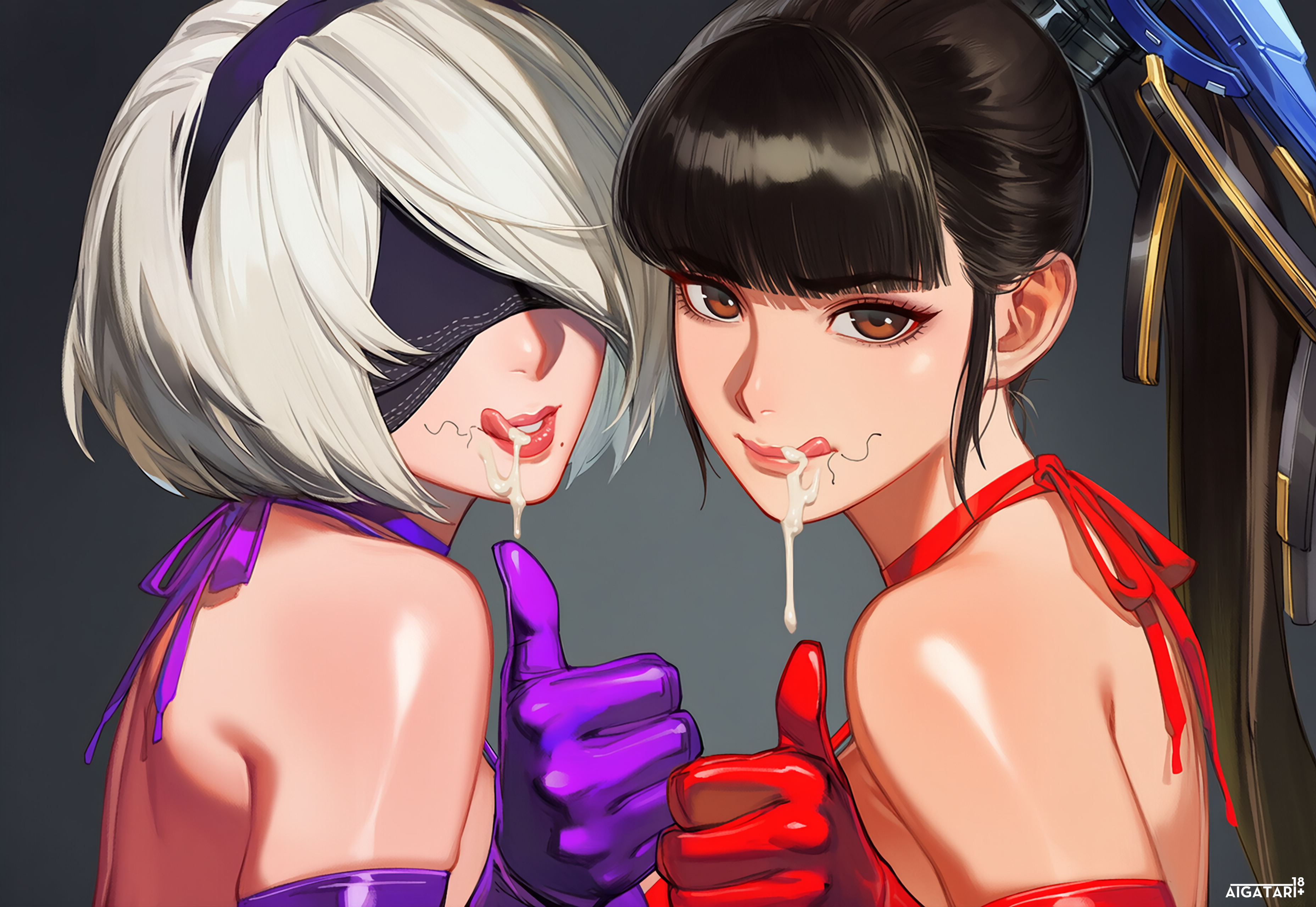 2girls, after fellatio, after kiss, ai generated, aigatari, bikini, cum, cum in mouth, curvy, elbow gloves, eve (stellar blade), female, interracial, kissing, nier: automata, ntr, stellar blade, stray pubic hair, wide hips, yorha 2b