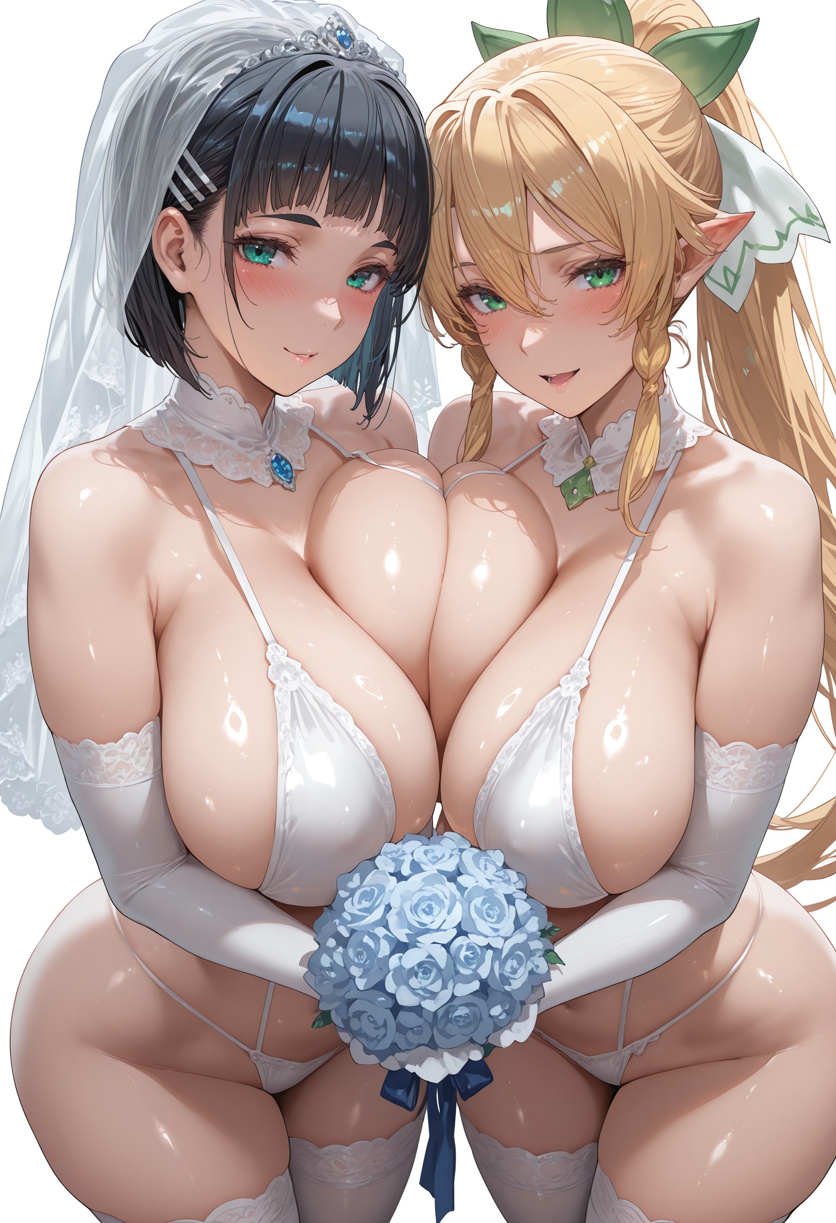 2girls, ai generated, alfheim online, black hair, blonde hair, breasts, female, flyingpancake, green eyes, hi res, huge breasts, kirigaya suguha, leafa, light skin, light-skinned female, long hair, short hair, sword art online