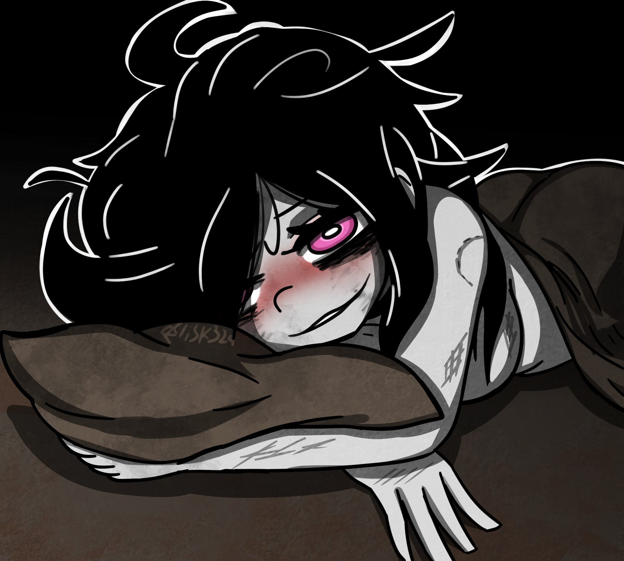 1girls, 2d, after sex, ashley graves, ass, bed, bite mark, black hair, blush, breasts, female, female only, looking at viewer, lying on bed, lying on stomach, pink eyes, rclisk324, sheets, solo, solo female, the coffin of andy and leyley