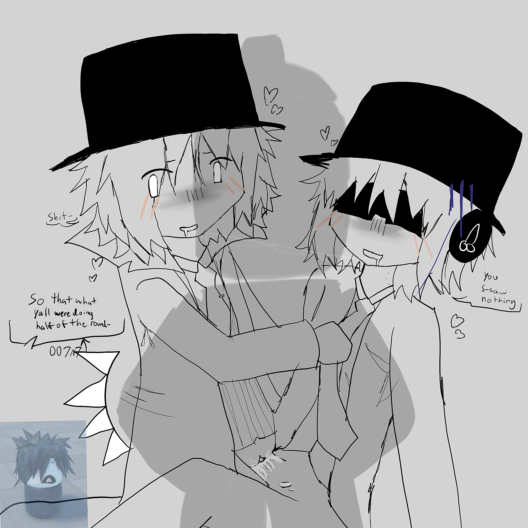 007n7 (forsaken), artist request, boss two time, bottomless, caught in the act, chance (forsaken), cum drip, embarrassed, english text, forsaken (roblox), grabbing tie, half naked, male, meme in the background, no color, official alternate costume, penis, riding penis, roblox, roblox game, robloxian, saliva string, source request, speech bubble, suit, suit jacket, tagme, text, two time