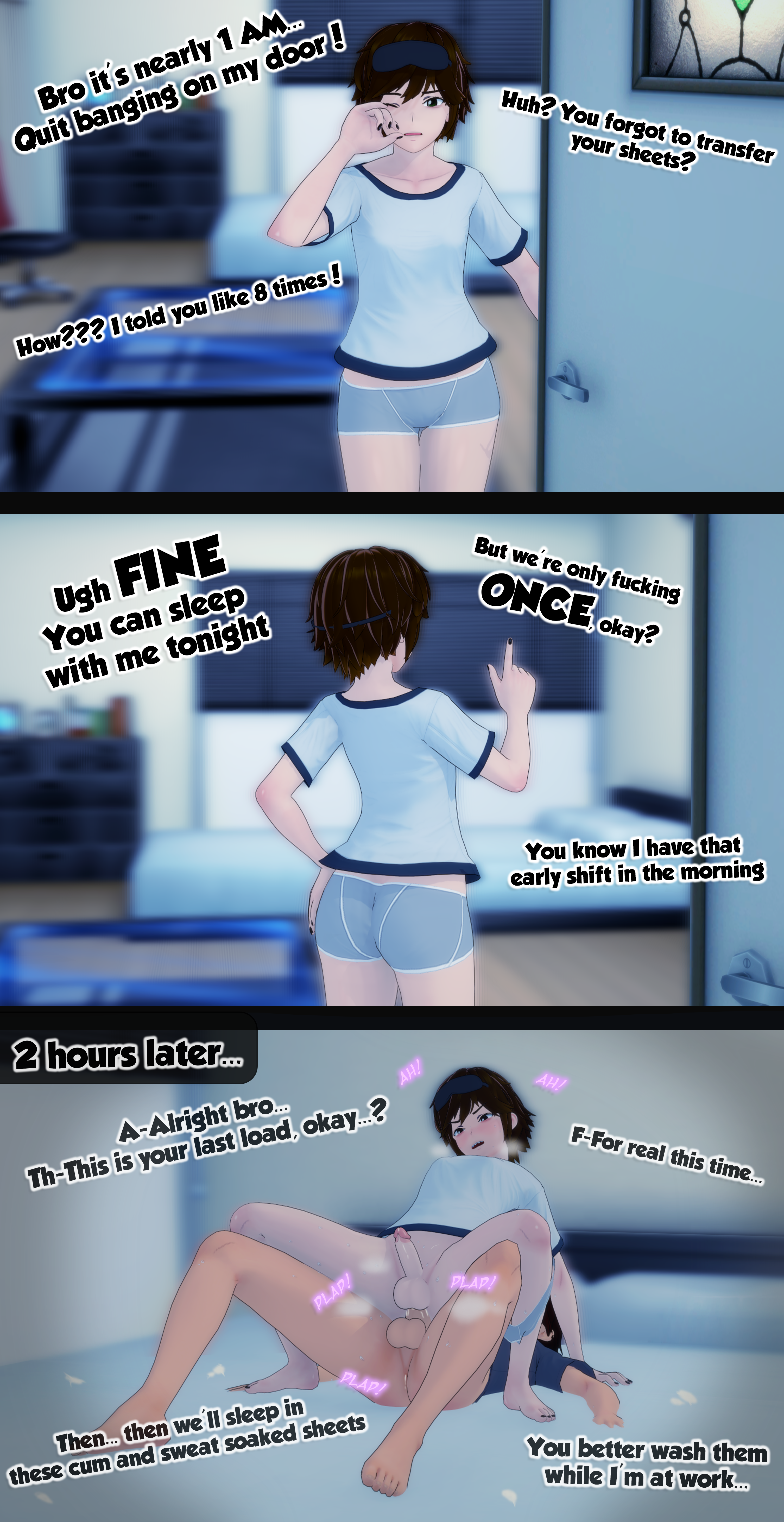 2boys, 3d, anal, annoyed, ass, balls, bare ass, bed, bedroom, big ass, big penis, blush, brat, brown hair, comic, english text, faceless male, femboy, green eyes, koikatsu, looking at viewer, male, night, penis, reverse cowgirl position, selfinsertedbro, talking to viewer, testicles, text, underwear, yaoi