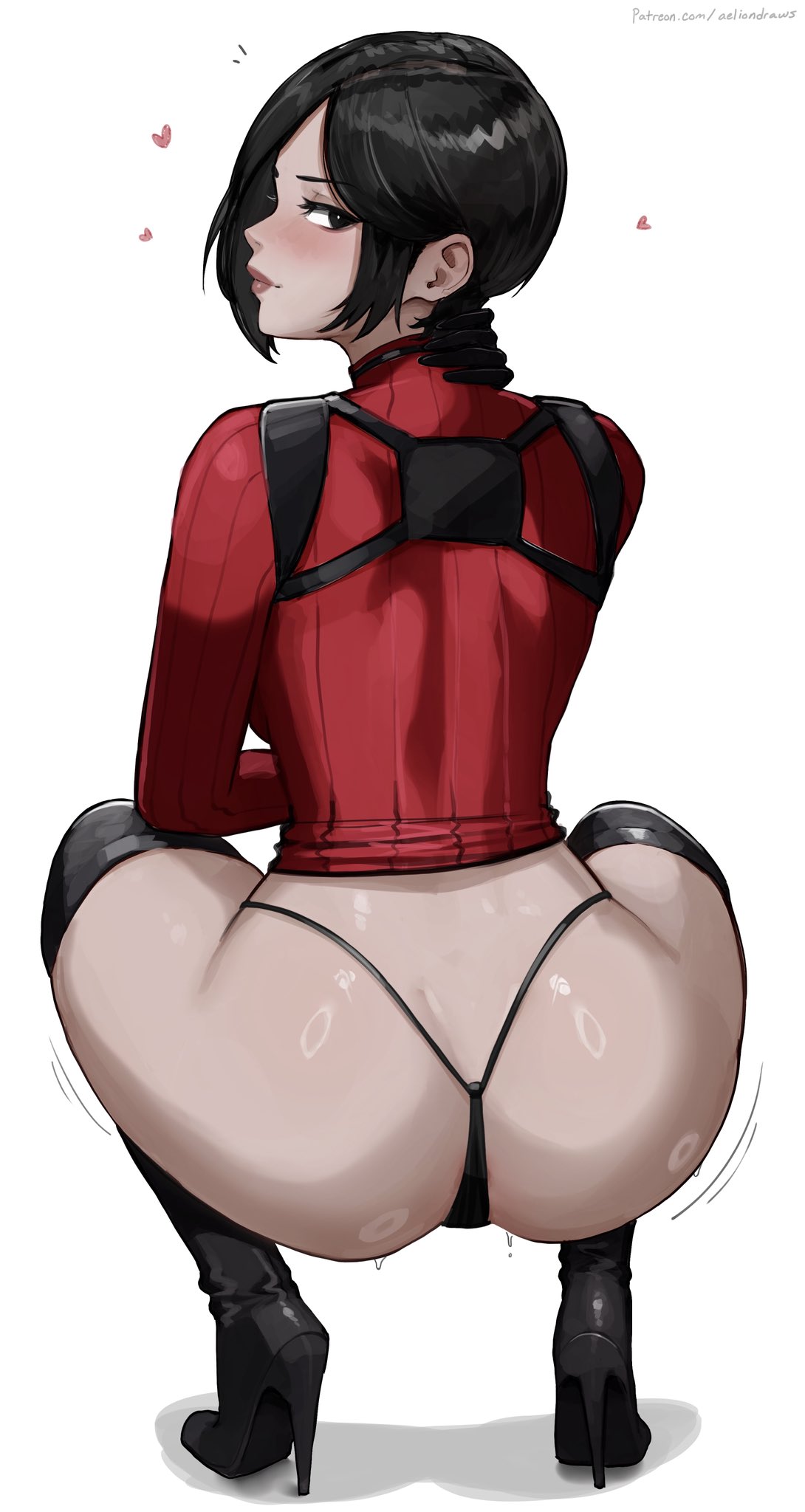 1girls, ada wong, aelion draws, anus, ass, black boots, black gloves, black hair, boots, choker, closed mouth, color, eyelashes, female, from behind, full body, gloves, harness, hi res, high heel boots, high heels, lips, looking at viewer, looking back, nude, panties, pussy, resident evil, simple background, solo, squatting, thigh boots, thong, white background