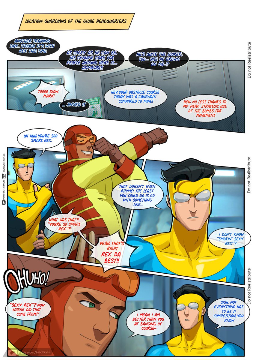 brown body, brown skin, comic page, dialogue, dialogue bubble, gay, green eyes, interracial, invincible, invincible (superhero), invincible (tv series), male, male only, mark grayson, nytnyte, rex sloan, rex splode, superhero, tan body, tan skin