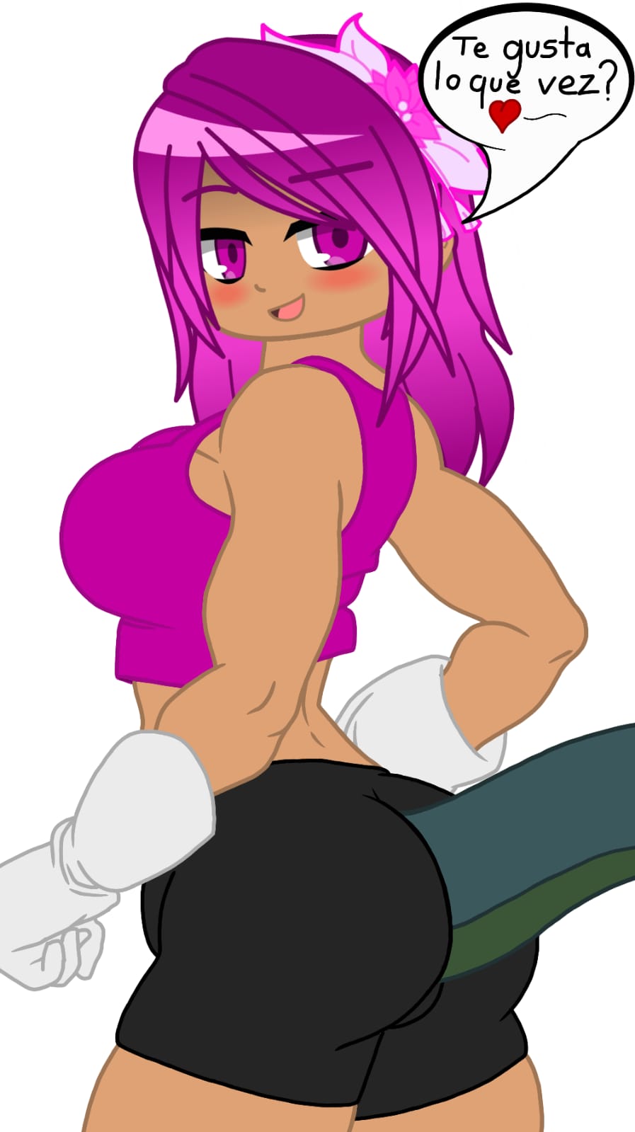 ass ass_focus black_shorts blush brown_skin dialogue digital_art dinosaur dinosaur_girl exposed_belly female female_only gacha gacha_club gacha_heat gacha_life gloves looking_at_viewer pink_eyes pink_hair pink_shirt reptile reptile_girl reptile_humanoid reptile_tail rexy_(team_heroes) seductive seductive_pose showing_ass team_heroes_(gacha_club)