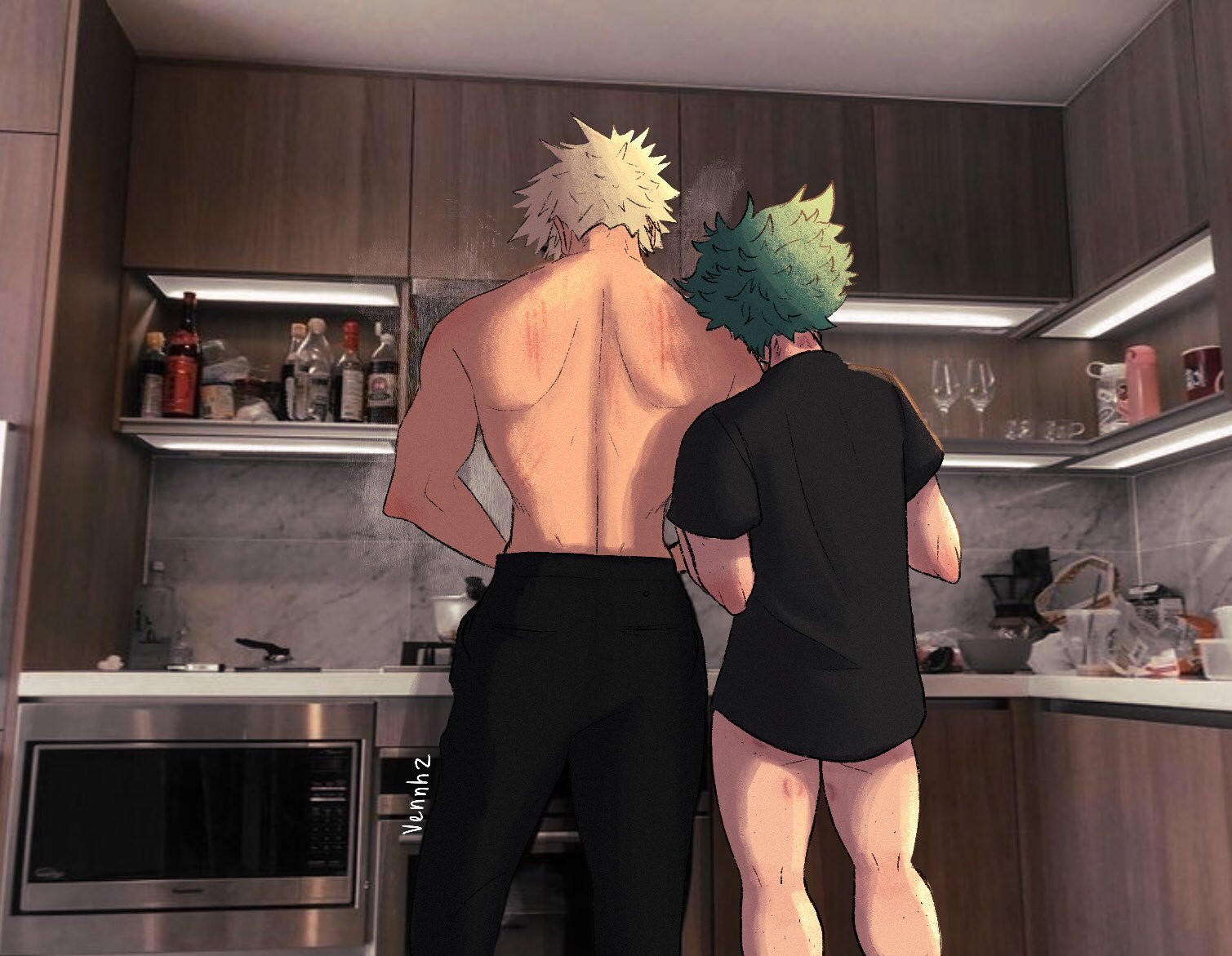 2boys, ass, back, bakugou katsuki, bare back, bare legs, blonde hair, boku no hero academia, bones (company), cooking, gay, gay male, green hair, hickey marks, indoors, izuku midoriya, katsuki bakugou, kitchen, legs, male, midoriya izuku, multiple boys, multiple males, my hero academia, no male underwear, no pants, pants only, scratches, shirt only, shounen jump, vennh2, yaoi
