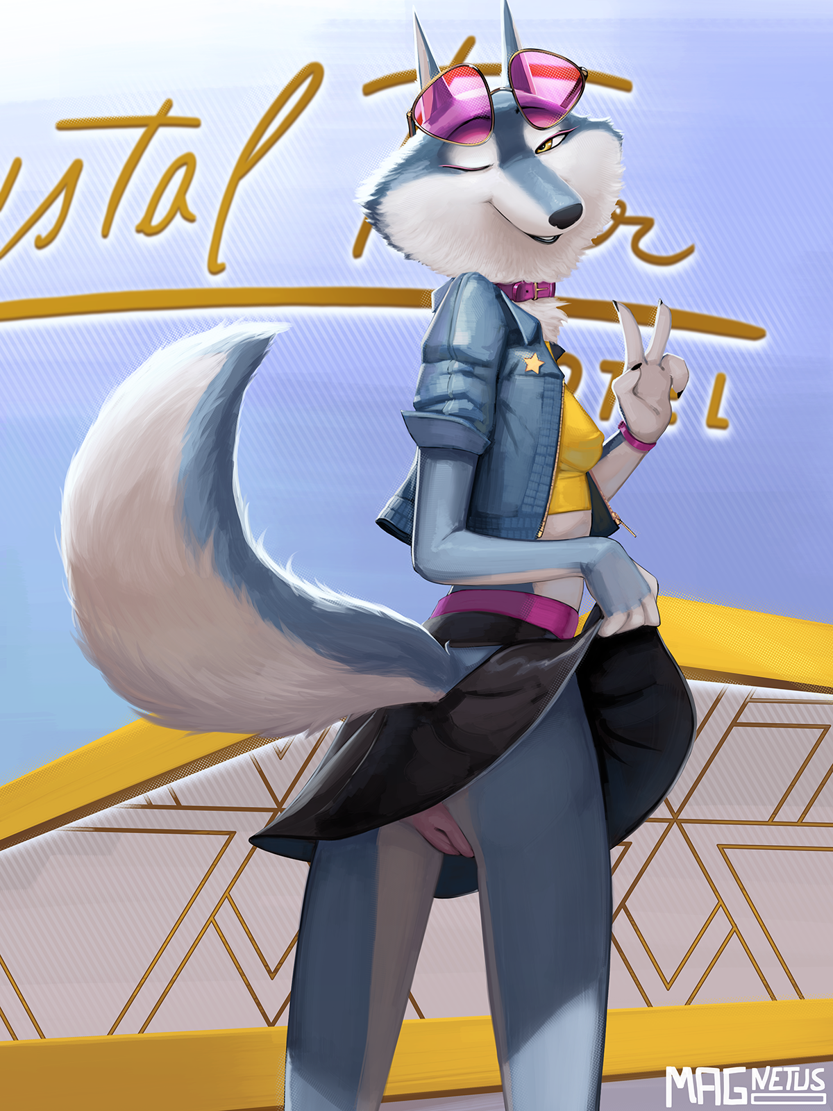 2025, anthro, biped, blue body, blue fur, bottomwear, canid, canine, canis, clothed, clothing, clothing lift, digital media (artwork), eyewear, eyewear on head, female, female anthro, fur, genitals, hi res, illumination entertainment, jacket, looking at viewer, magnetus, mammal, multicolored body, multicolored fur, nipple outline, no underwear, one eye closed, porsha crystal, pussy, sing (movie), skirt, skirt lift, solo, sunglasses, sunglasses on head, topwear, two tone body, two tone fur, upskirt, vulva, white body, white fur, wink, winking at viewer, wolf, yellow eyes
