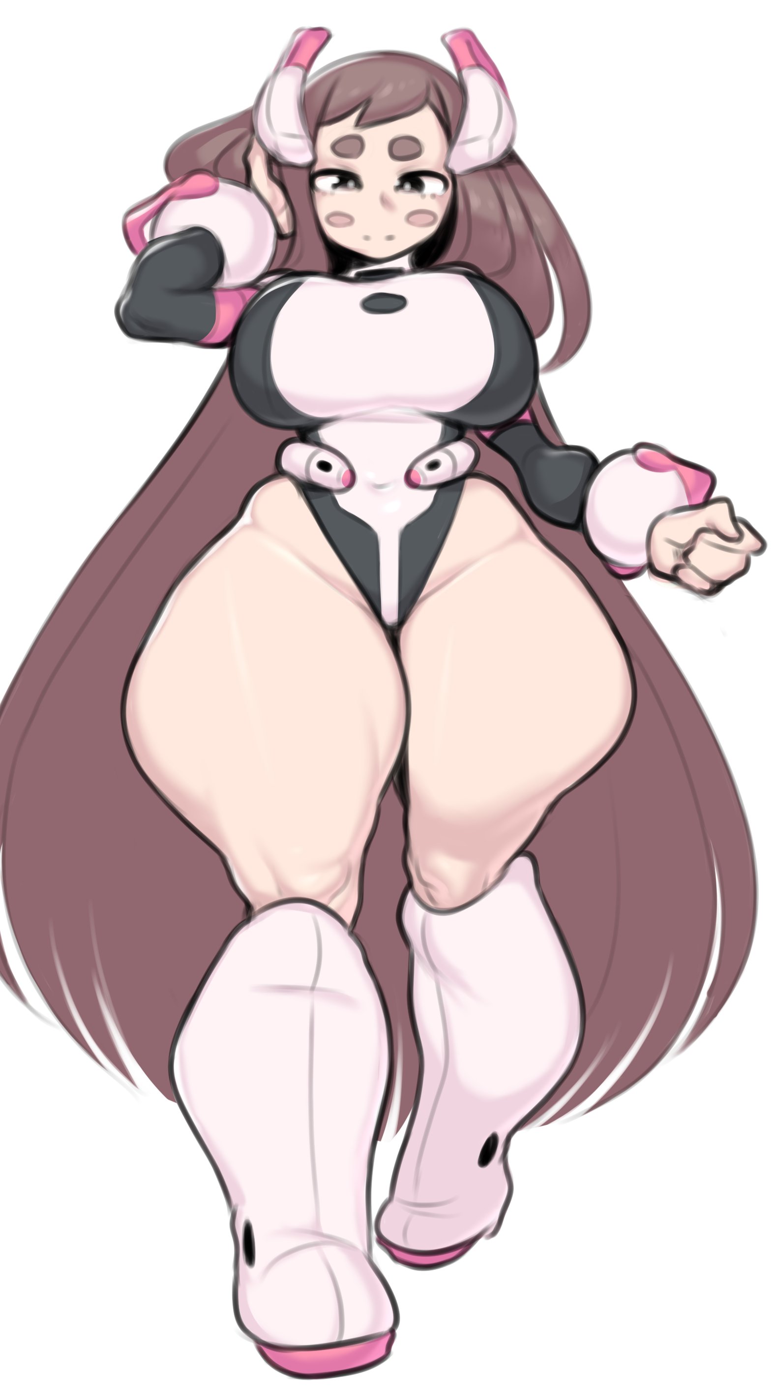 1girls, boku no hero academia, breasts, female, female focus, female only, large breasts, light skin, light-skinned female, long hair, looking at viewer, my hero academia, ochako uraraka, onaeane, solo, thick thighs, thighs, white background, wide hips