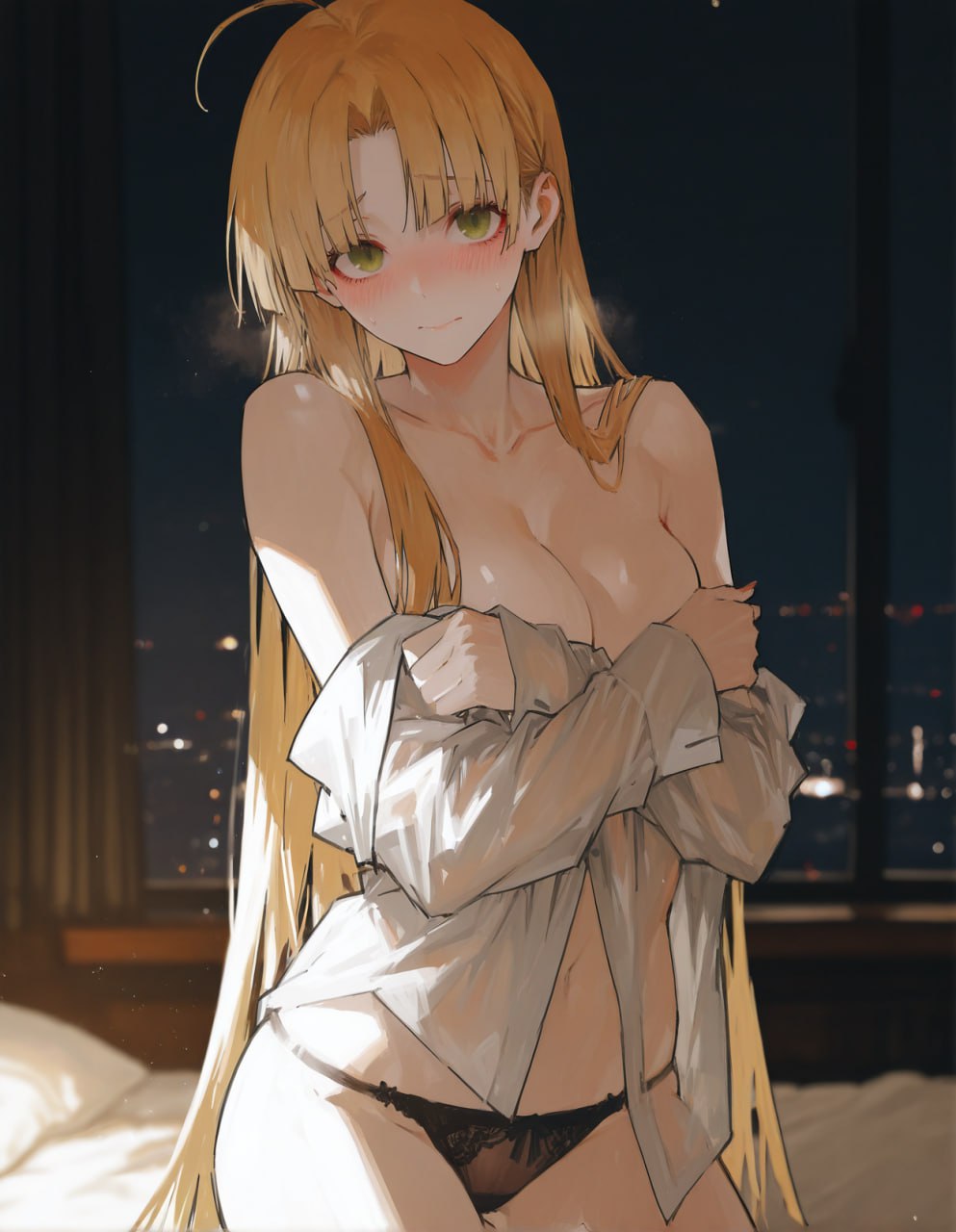1girls, ai generated, asia argento, blonde hair, blush, breasts, covering breasts, covering nipples, embarrassed, female, high school dxd, kizirugai, light-skinned female, looking at viewer, loose clothes, medium breasts, panties, removing clothing, shy, solo, taking clothes off