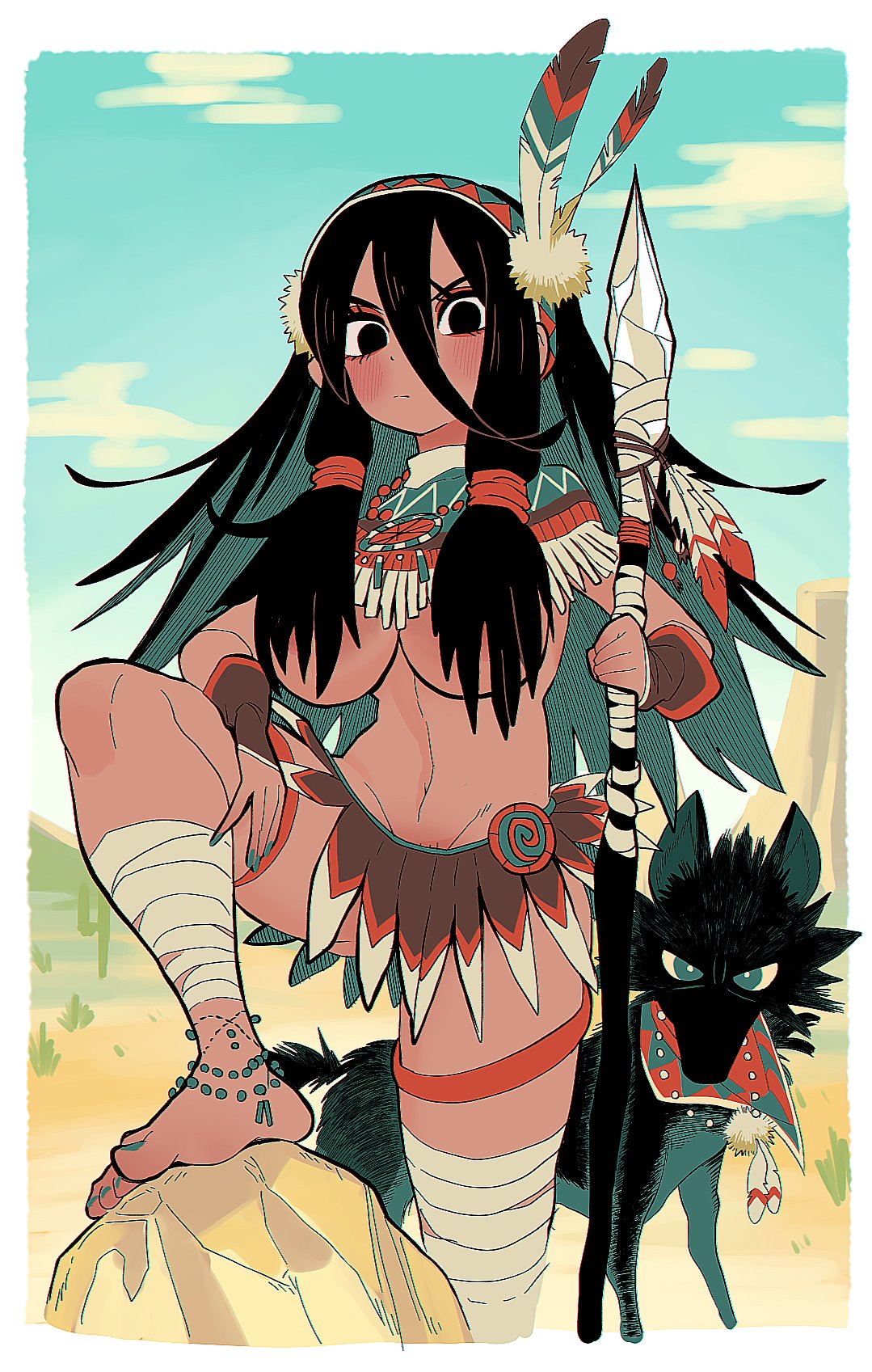 1girls, bandage, big breasts, black eyes, black hair, breasts, canid, canine, canis, character request, copyright request, desert, feet, female, feral, gashi-gashi, hair covering breasts, holding weapon, human, jewelry, long hair, looking at viewer, native american, skimpy clothes, spear, tagme, tanned, tanned female, tanned skin, two-tone hair