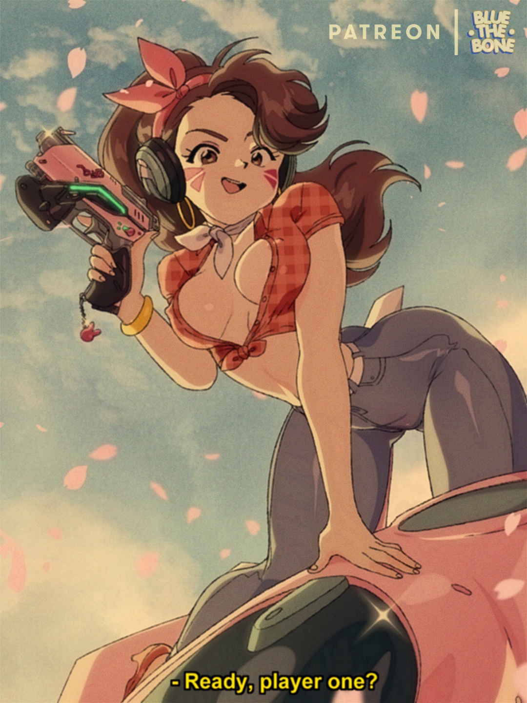 1girls, 2d, activision, alternate costume, big breasts, blizzard entertainment, bluethebone, bracelet, breasts, brown eyes, brown hair, cleavage, clothed, clothed female, clothing, cruiser d.va, d.va, earrings, english text, female, female focus, female only, hana song, korean female, long hair, looking at viewer, meka, nipple bulge, overwatch, overwatch 2, overwatch league, retro artstyle, solo, tight clothing, tokki (overwatch)