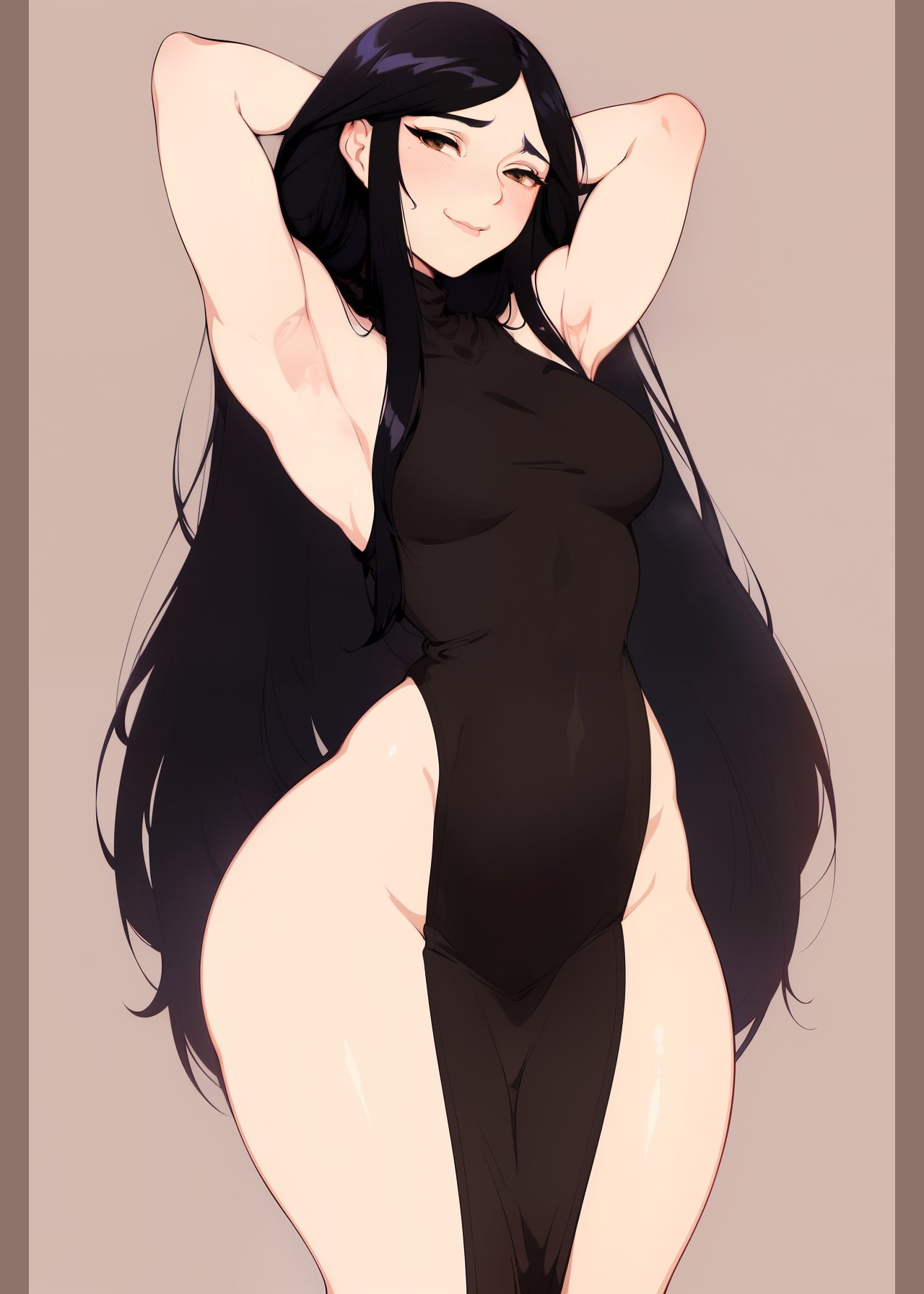 1girls, ai generated, armpits, black hair, female, female only, hands behind head, high resolution, highres, long hair, nai diffusion, original, original character, showing armpits, solo, stable diffusion, thick thighs, wide hips