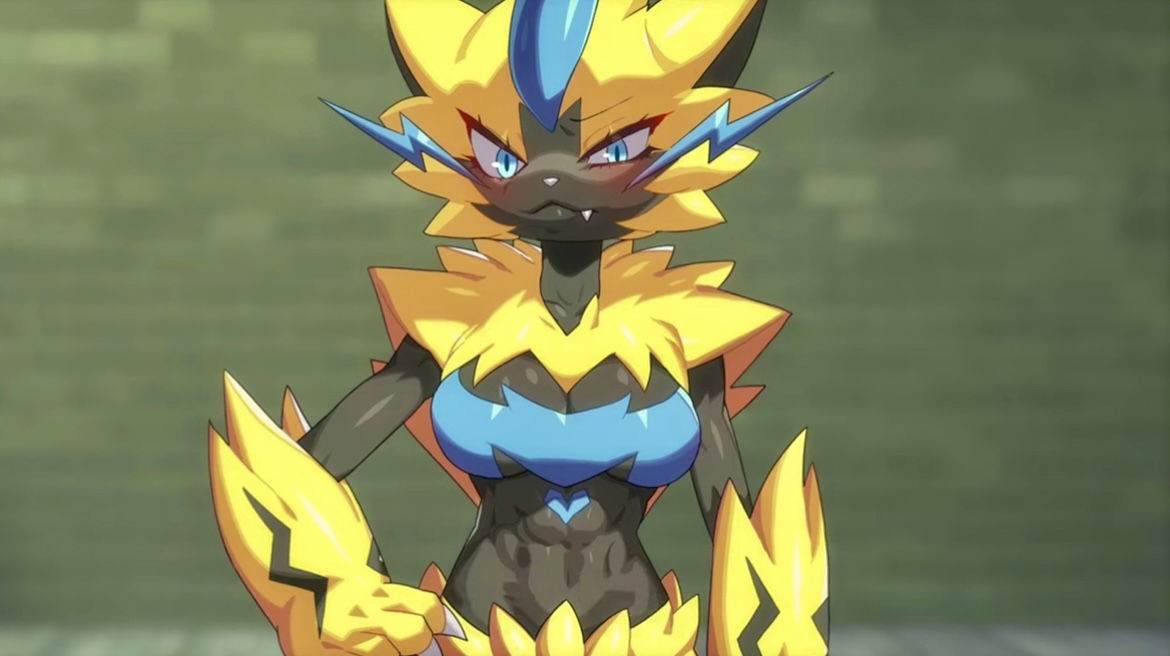 big breasts, blue eyes, blush, blushing at viewer, breasts, cat girl, detailed background, drunkoak, feline, female, female focus, female only, hand on hip, legendary pokemon, muscular, muscular female, oerba yun fang, pokémon (species), pokemon, pokemon (species), toned, toned female, zeraora