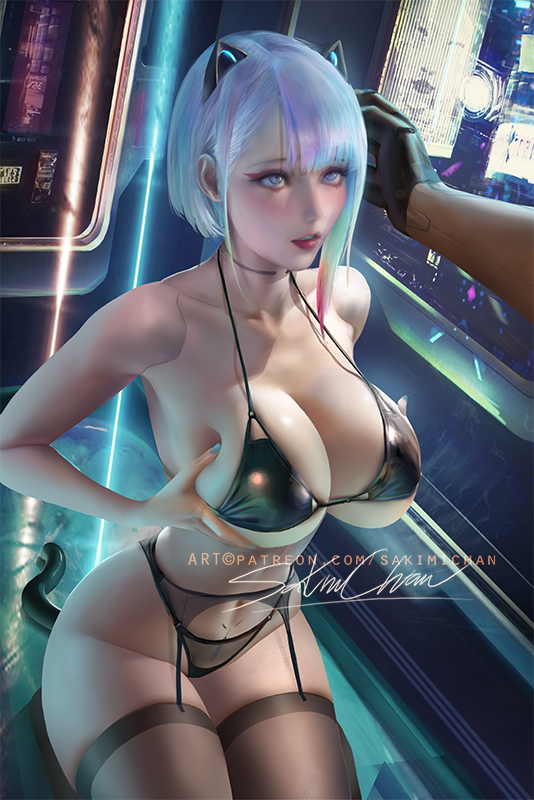 1boy, 1girls, alternate version available, big breasts, breasts, cd projekt red, cyberpunk 2077, cyberpunk: edgerunners, faceless male, female, hand on head, kneeling, looking at another, lucyna kushinada, male, paizuri, presenting breasts, sakimichan, small nose, studio trigger, tagme, thin eyebrows