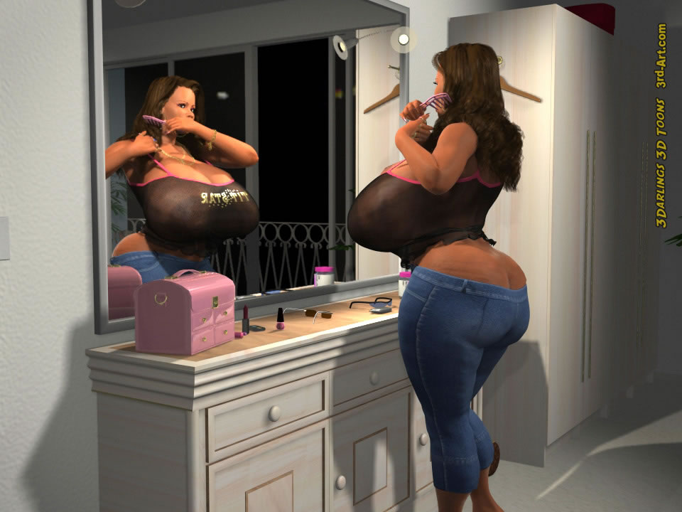 3d 3darlings 3dbabes 3rd-art brushing_hair dark-skinned_female dark_skin huge_ass huge_breasts long_hair makeup mirror sarah_(3rd-art)