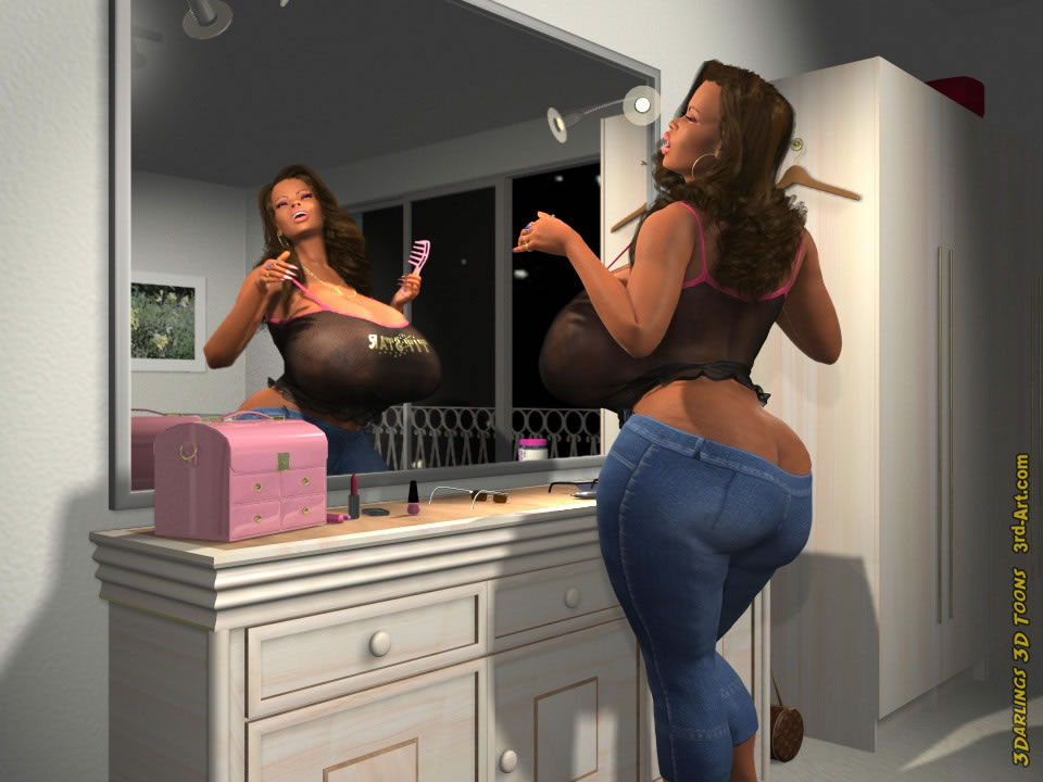 3d 3darlings 3dbabes 3rd-art brushing_hair dark-skinned_female dark_skin huge_ass huge_breasts long_hair makeup mirror sarah_(3rd-art)