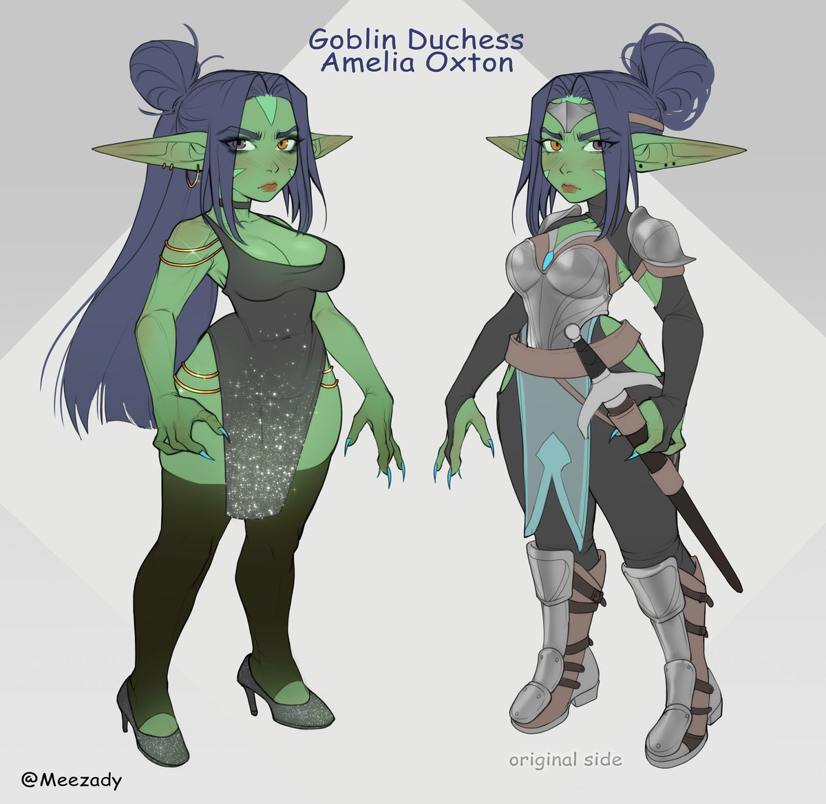 1girls, 2022, amelia oxton (roxxxan), armor, blue hair, character sheet, choker, dress, duchess of oxton (roxxxan), earrings, female, female only, full body, goblin, goblin female, green skin, green-skinned female, hair bun, heels, heterochromia, knight, light blush, long hair, looking at viewer, meezady, orange eyes, pointy ears, purple eyes, roxxxan, shortstack, solo, thighhighs, tied hair