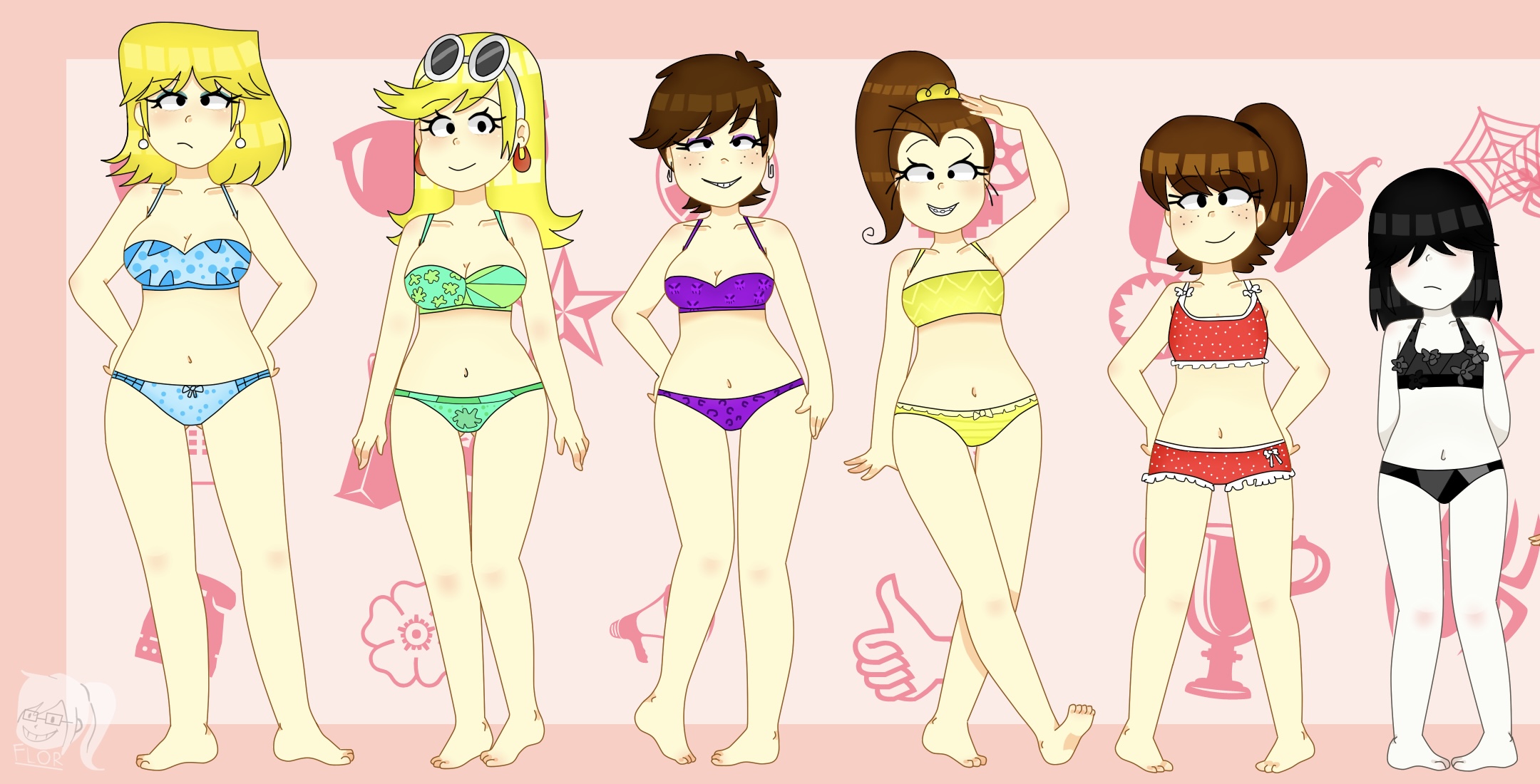 6girls, big breasts, bikini, black hair, blonde hair, breasts, brown hair, brunette, female, female only, leni loud, lori loud, luan loud, lucy loud, luna loud, lynn loud, multiple females, multiple girls, sisters, small breasts, tagme, the loud house, unknown artist