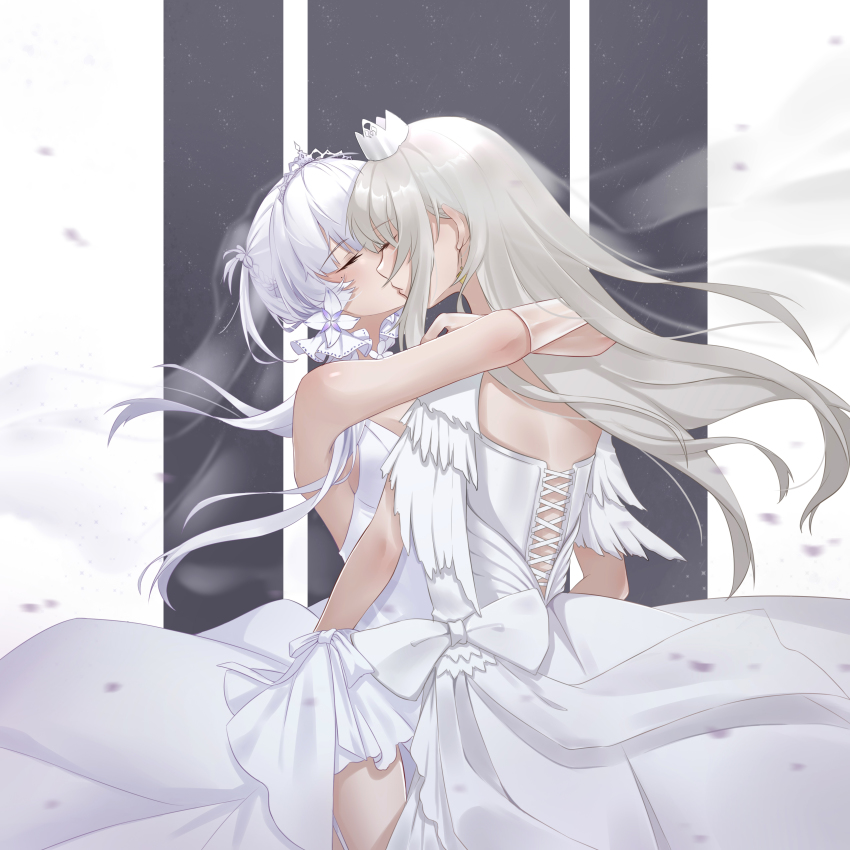 2girls azur_lane breasts bride closed_eyes crown dress enterprise_(azur_lane) gloves hugging illustrious_(azur_lane) kissing kissing large_breasts long_hair see-through see-through_gloves short_hair silver_hair tiara wedding_dress white_dress white_hair wife_and_wife xiaoli_(1507) yuri