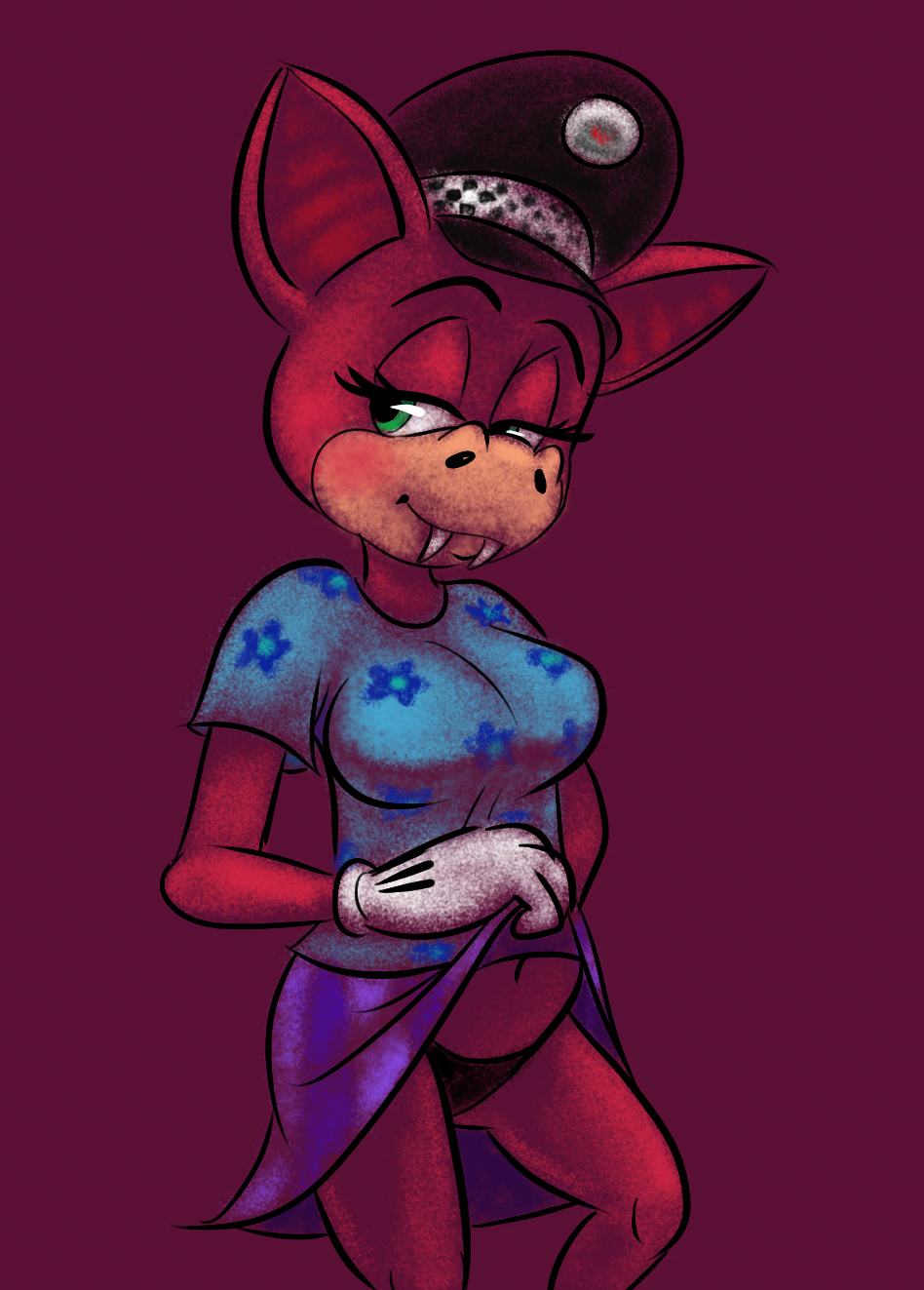 bat blue_dress breasts colossalstinker female gloves hat lifting_skirt looking_at_viewer red_fur smile toontown_bat toontown_corporate_clash toontown_online toony watercolor