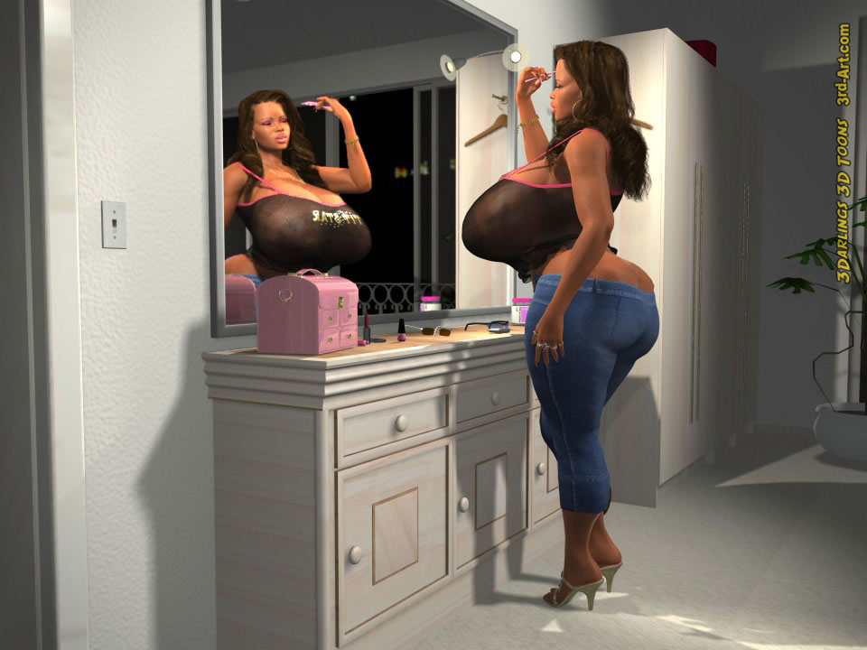 3d 3darlings 3dbabes 3rd-art brushing_hair dark-skinned_female dark_skin huge_ass huge_breasts long_hair makeup sarah_(3rd-art)