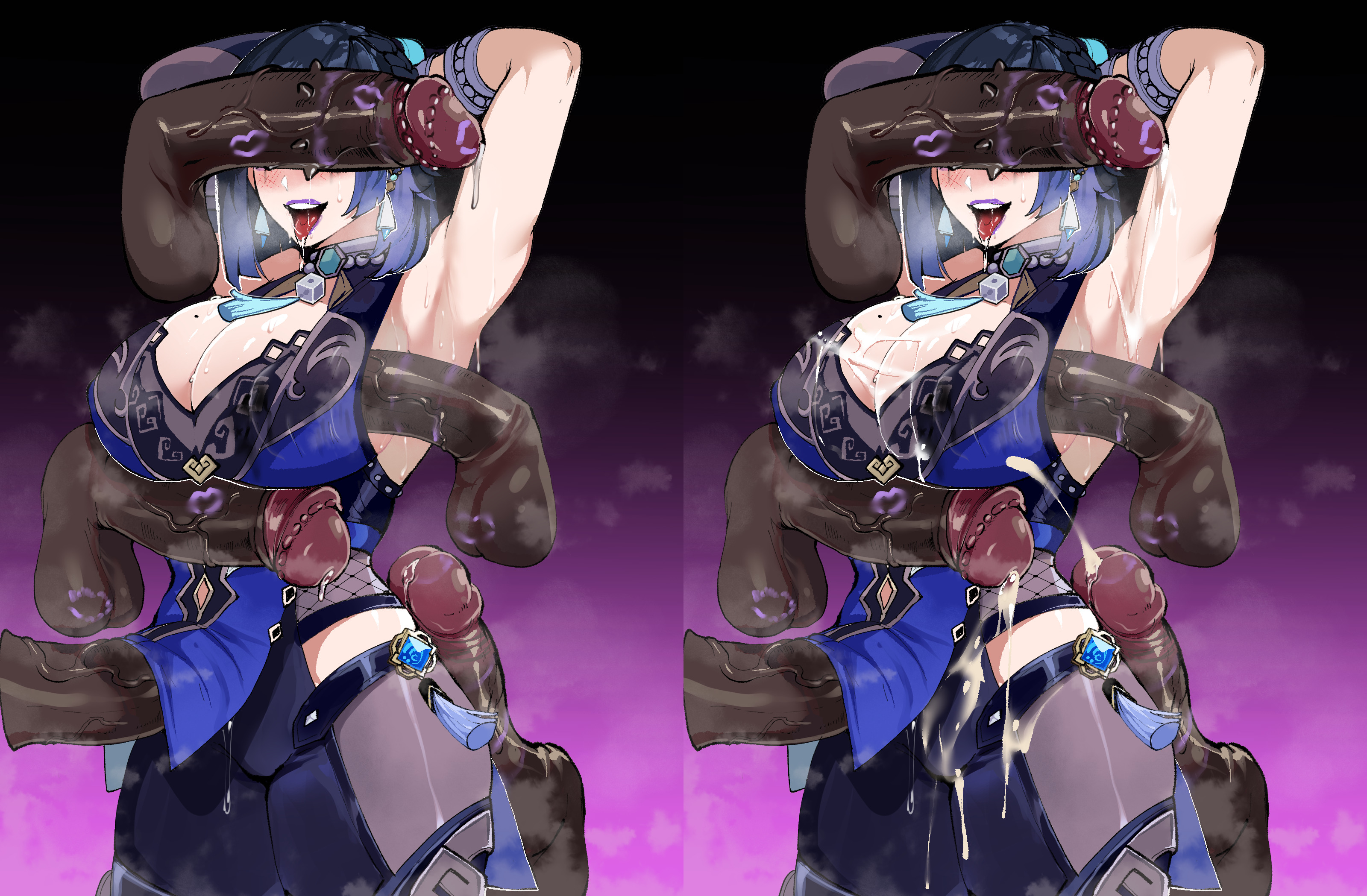 1girls, 5boys, armpit fetish, armpits, big breasts, big penis, black body, black hair, breasts, clothed, cum, cum drip, cum everywhere, cum on body, cum on breasts, cum under clothes, dark skin, fellatio, female, genshin impact, hilichurls (species), huge cock, interspecies, light skin, light-skinned female, lipstick, lipstick mark, lipstick on penis, male, mitachurl, monster, monster cock, multiple penises, penis, penis in face, purple lipstick, thiccwithaq, titfuck, titfuck under clothes, tongue, tongue out, yelan (genshin impact)