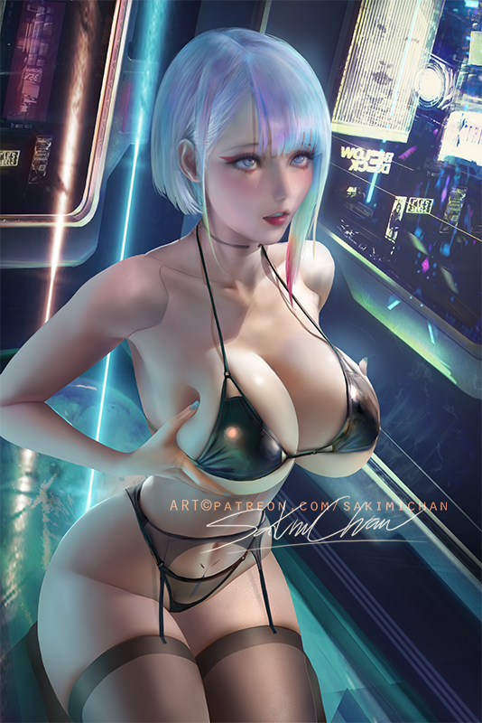 1boy, 1girls, alternate version available, big breasts, breasts, cd projekt red, cyberpunk 2077, cyberpunk: edgerunners, faceless male, female, hand on head, higher resolution available, kneeling, looking at another, lucyna kushinada, male, paizuri, presenting breasts, sakimichan, studio trigger, tagme
