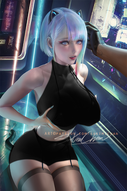 1boy, 1girls, alternate version available, big breasts, breasts, cd projekt red, cyberpunk 2077, cyberpunk: edgerunners, faceless male, female, hand on head, kneeling, looking at another, lucyna kushinada, male, paizuri, presenting breasts, sakimichan, small nose, studio trigger, tagme, thin eyebrows