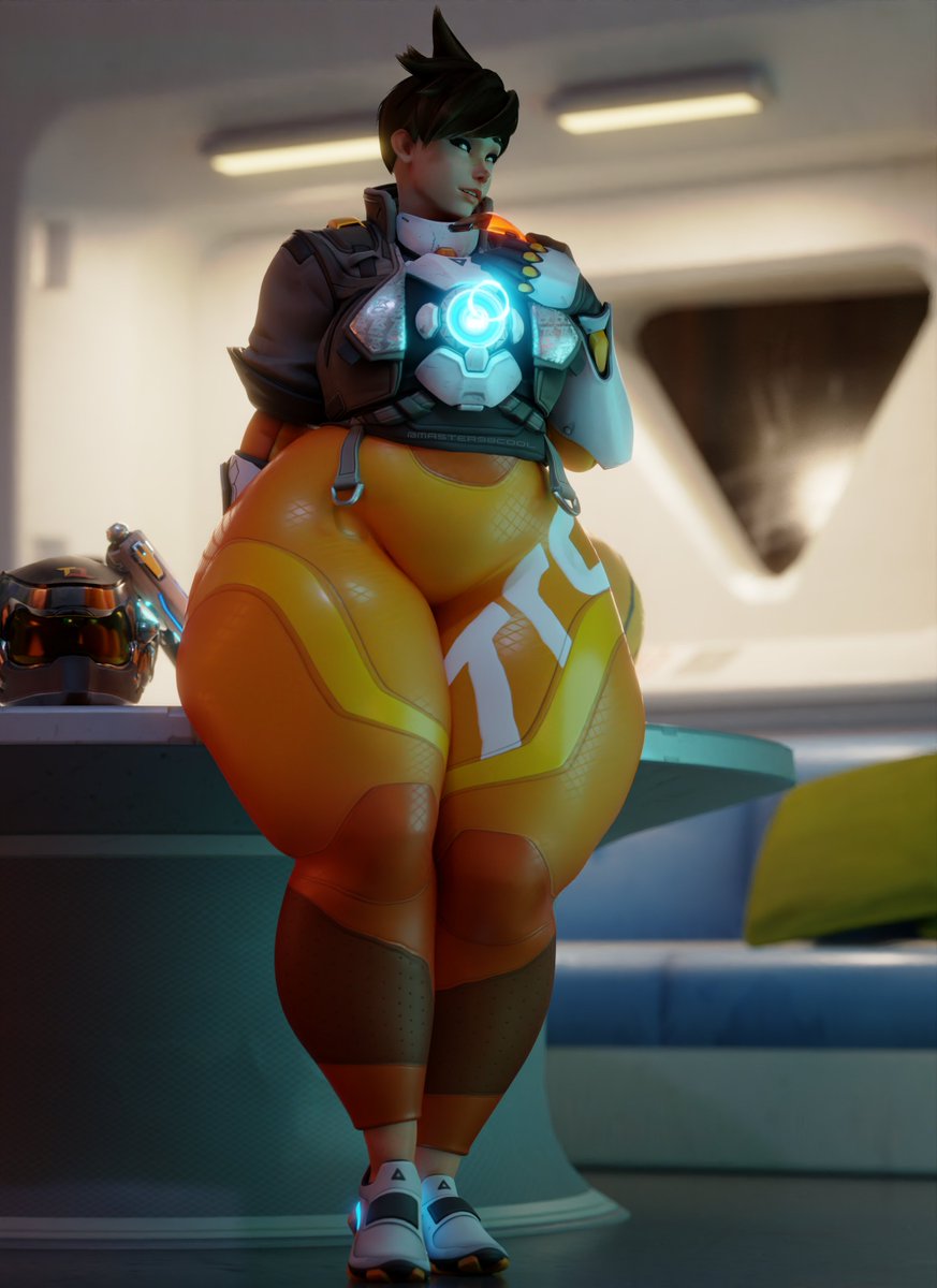 3d bodysuit bottom_heavy chubby coolmaster98 curvaceous curvy fat fat_legs fat_thighs huge_thighs looking_at_viewer overwatch overwatch_2 overweight overweight_female tagme thick_thighs tights tracer wide_hips