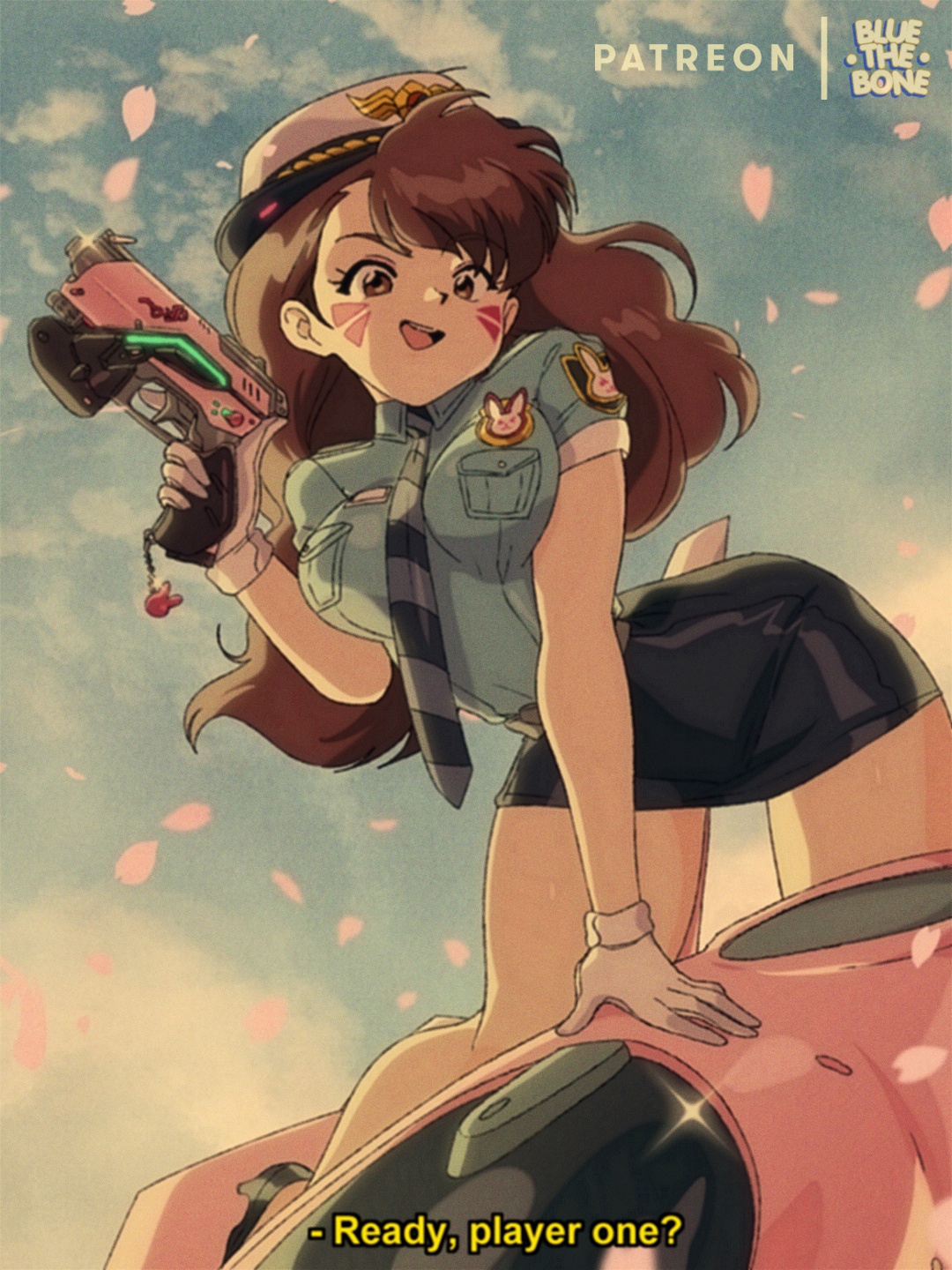 1girls, 2d, activision, alternate costume, blizzard entertainment, bluethebone, brown eyes, brown hair, clothed, clothed female, clothing, d.va, english text, female, female focus, female only, hana song, korean female, long hair, looking at viewer, overwatch, pencil skirt, police officer d.va, retro artstyle, skirt, solo, tight clothing